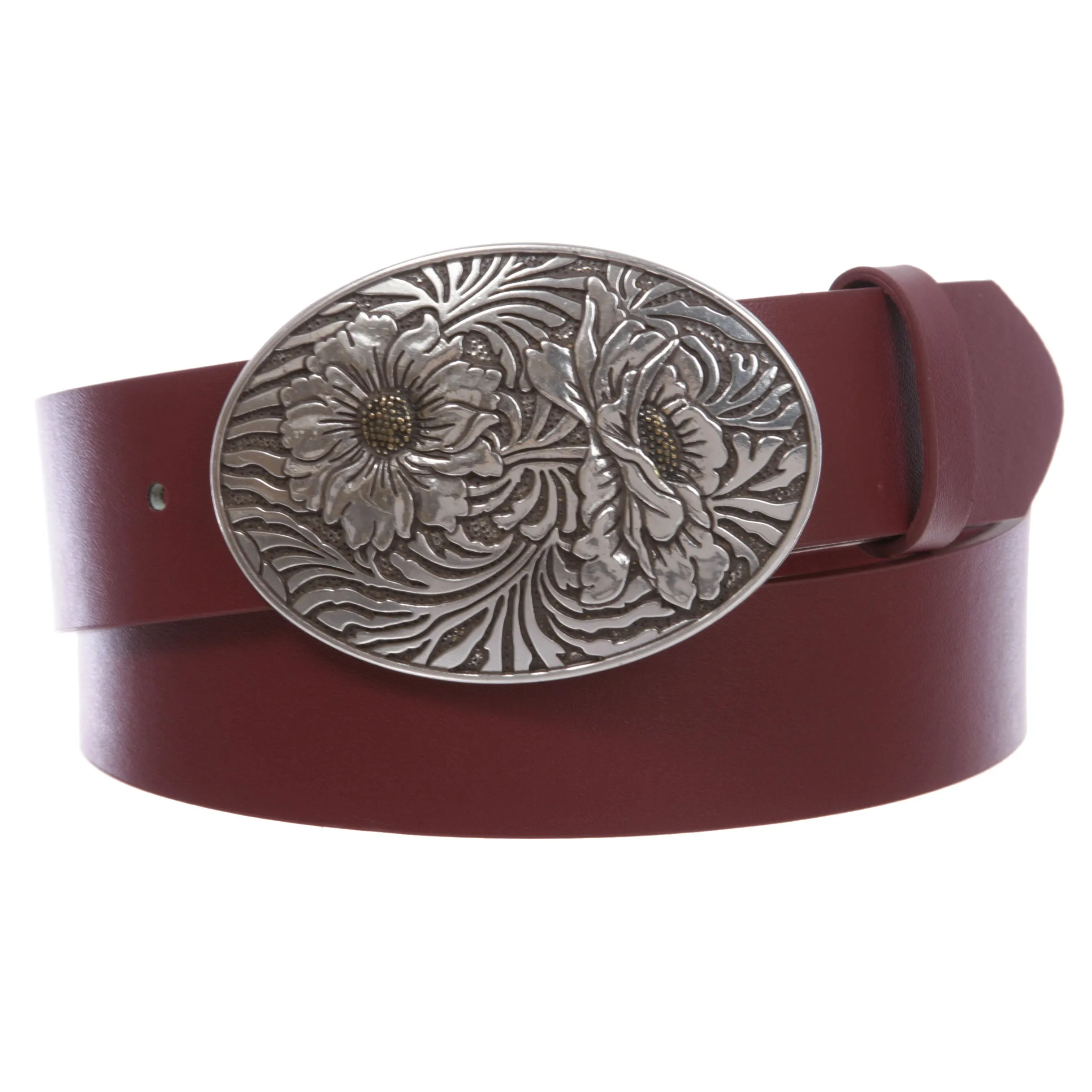 1 1/2" Snap On Oval Sunflower Engraving Buckle With Leather Belt