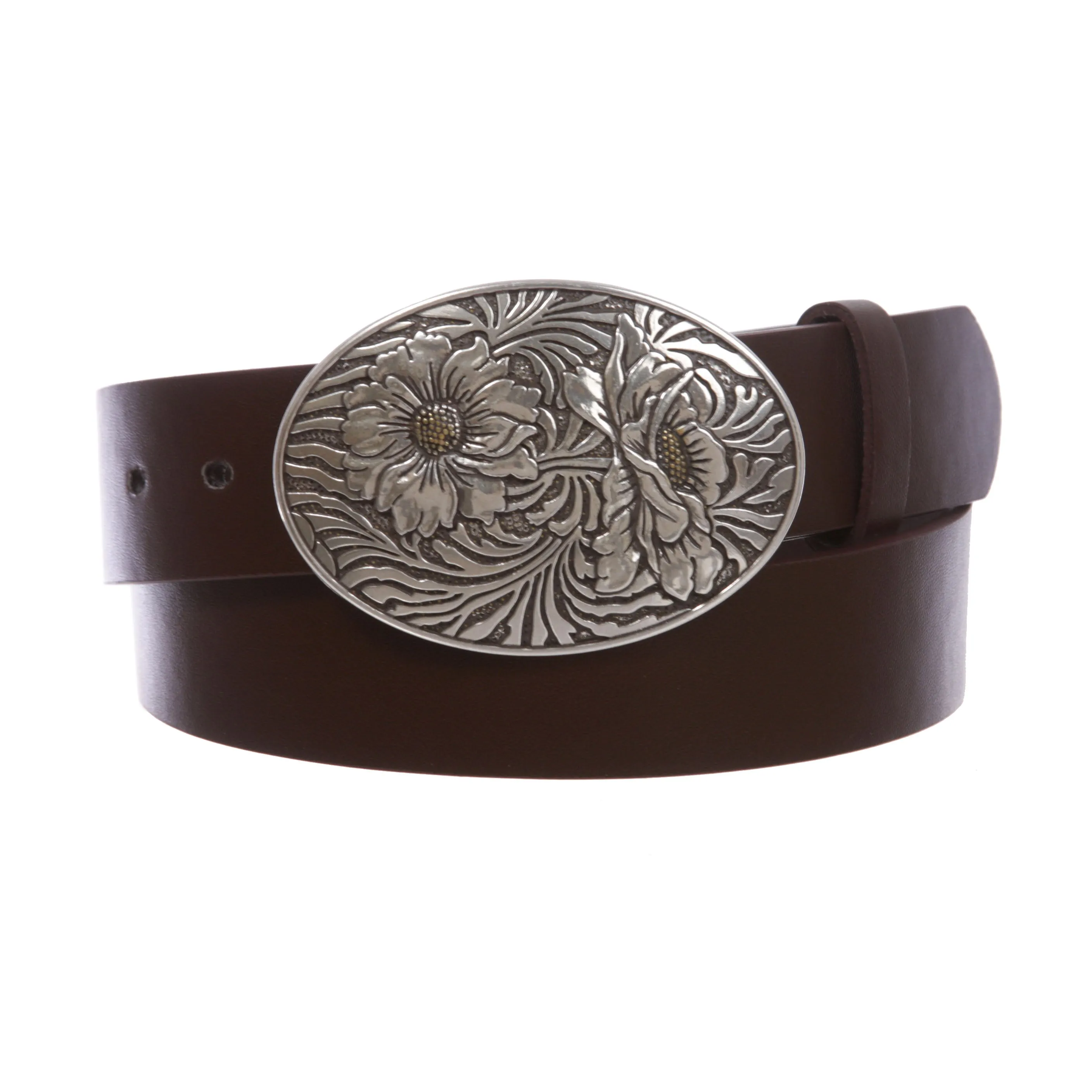1 1/2" Snap On Oval Sunflower Engraving Buckle With Leather Belt