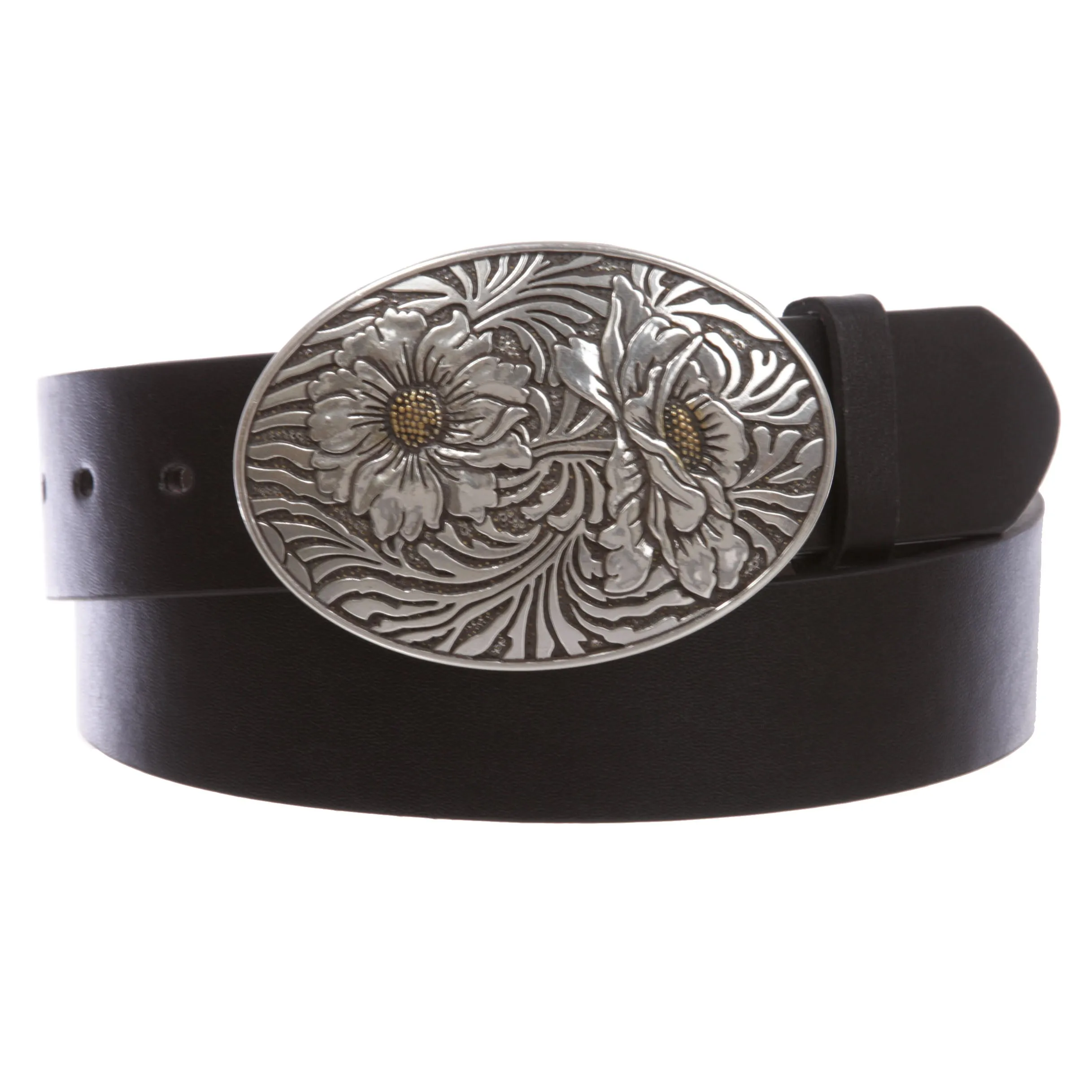 1 1/2" Snap On Oval Sunflower Engraving Buckle With Leather Belt