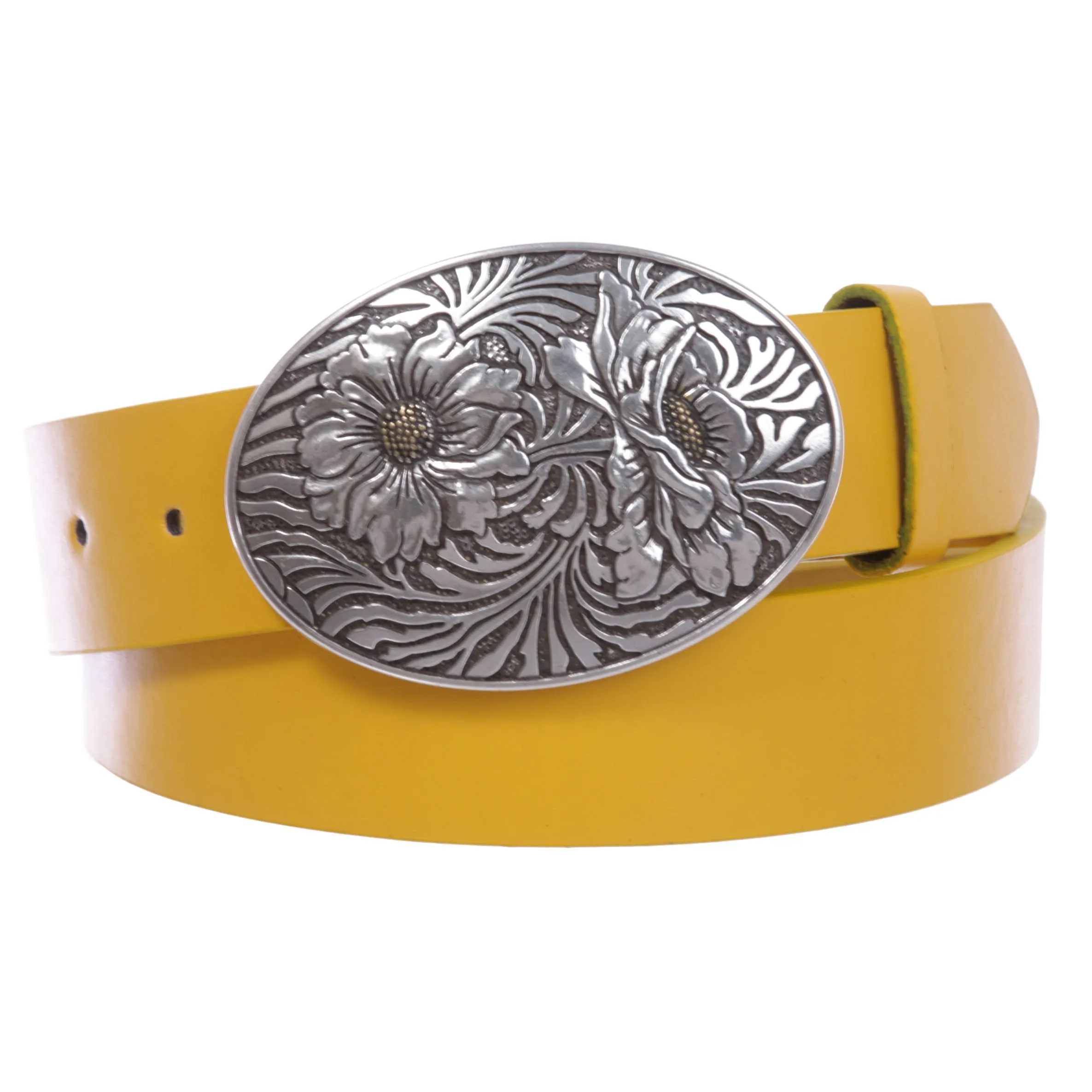1 1/2" Snap On Oval Sunflower Engraving Buckle With Leather Belt