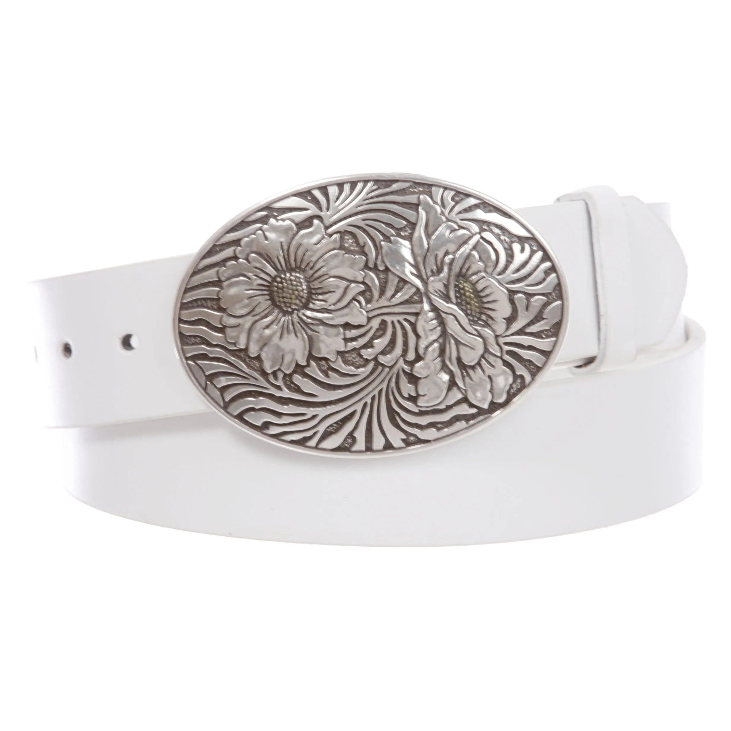 1 1/2" Snap On Oval Sunflower Engraving Buckle With Leather Belt