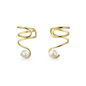 14K Gold Plated Sterling Silver Ear Cuff Cartilage with Freshwater Pearl Spiral