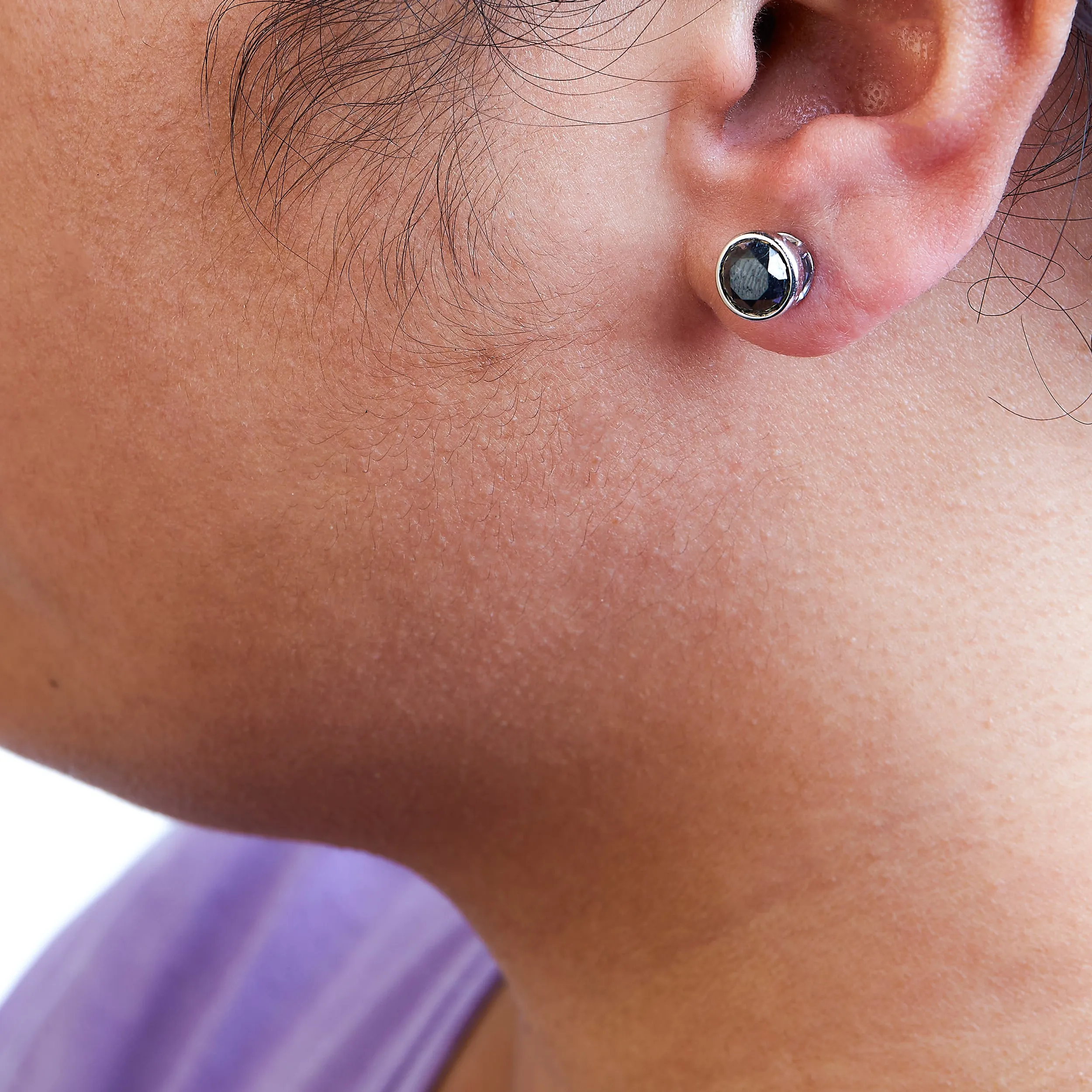 14K White Gold Round Brilliant-Cut Black Diamond Bezel-Set Stud Earrings with Screw Backs