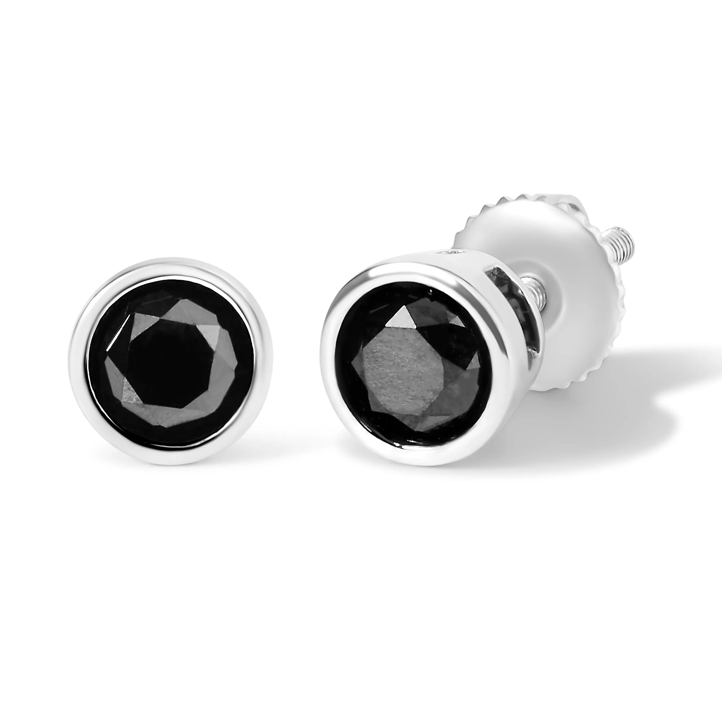14K White Gold Round Brilliant-Cut Black Diamond Bezel-Set Stud Earrings with Screw Backs