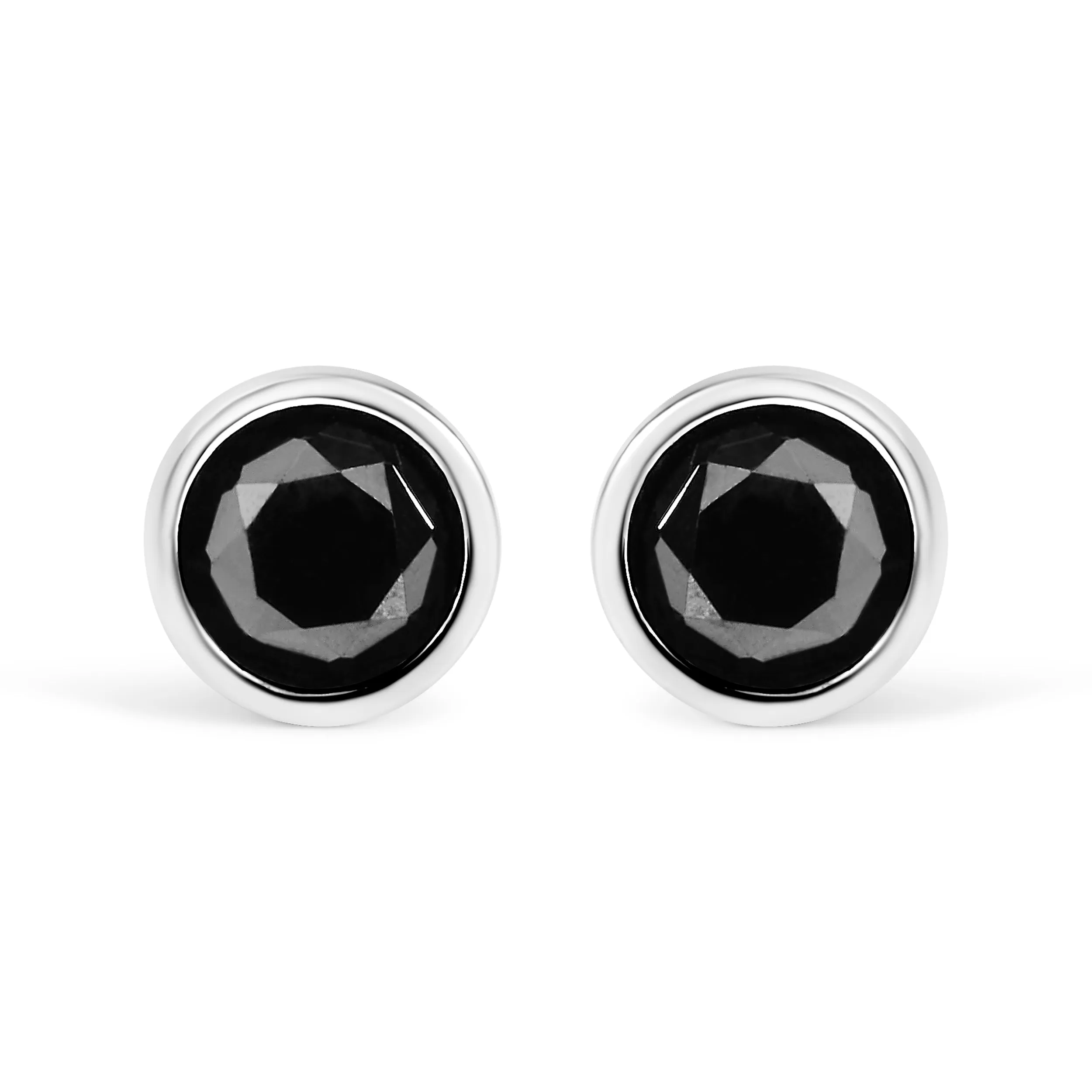 14K White Gold Round Brilliant-Cut Black Diamond Bezel-Set Stud Earrings with Screw Backs