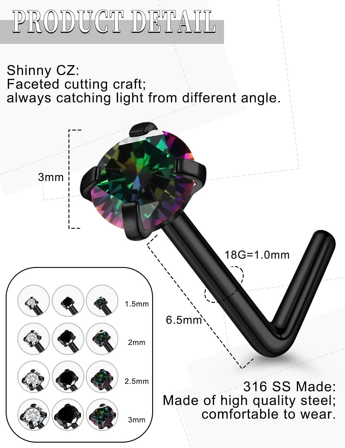 18G 20G Black Nose Rings Studs Piercing Jewelry for Women 316L Surgical Steel L Shaped Screw Straight Diamond CZ Nose Rings Studs Nostril Piercing Jewelry for Women Men Hypoallergenic