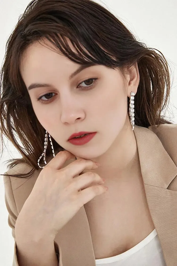 18k White Gold Plated Glimmer Gem Tassel Drop Earrings