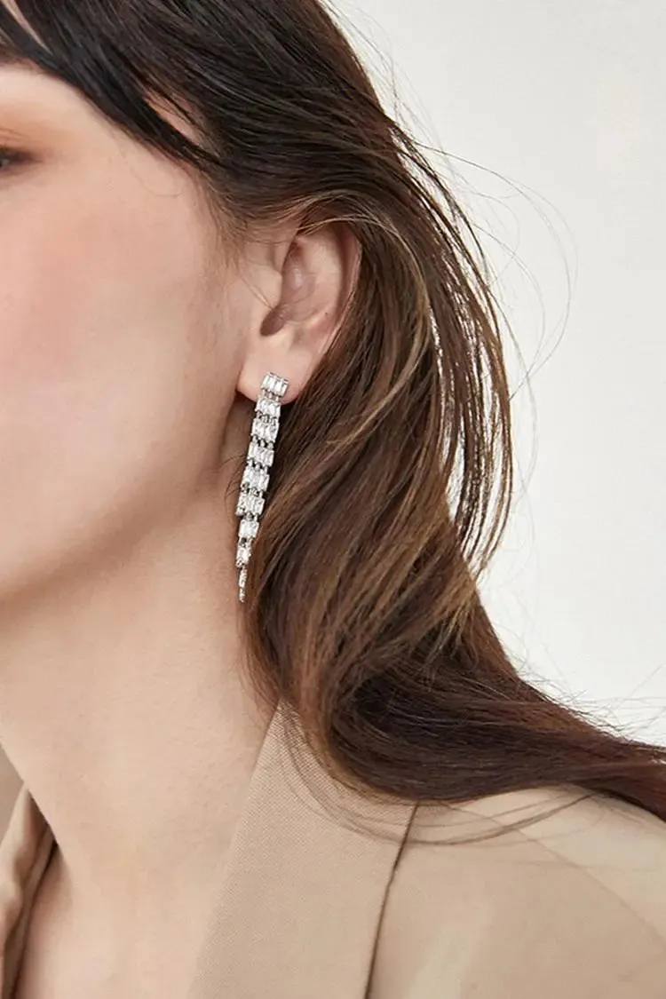 18k White Gold Plated Glimmer Gem Tassel Drop Earrings