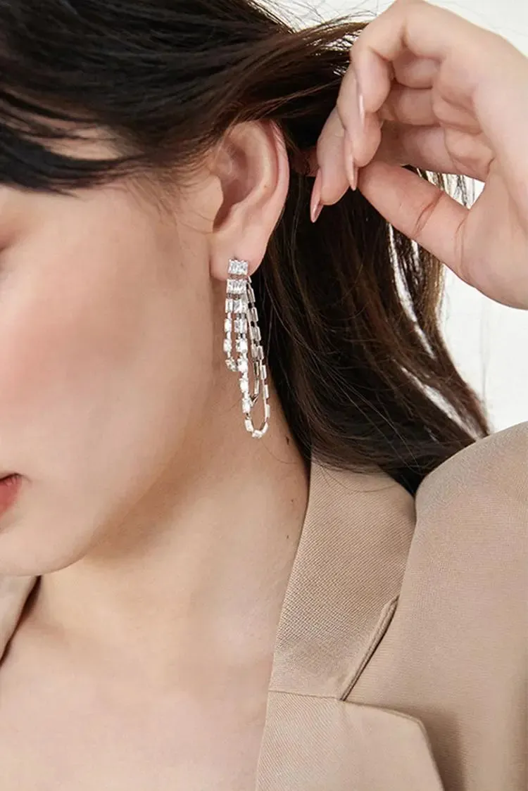 18k White Gold Plated Glimmer Gem Tassel Drop Earrings