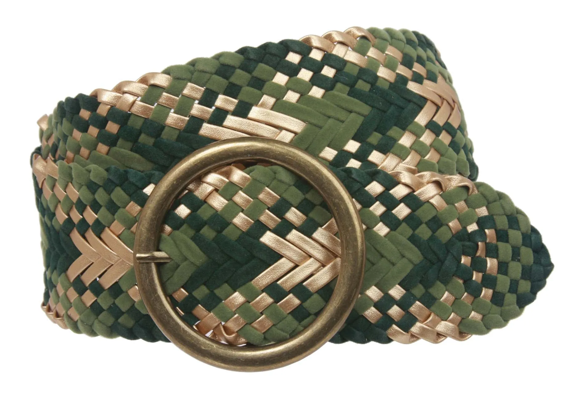 2 3/4" Velvet Wide Braided Woven Belt with Metal Circle Ring Buckle