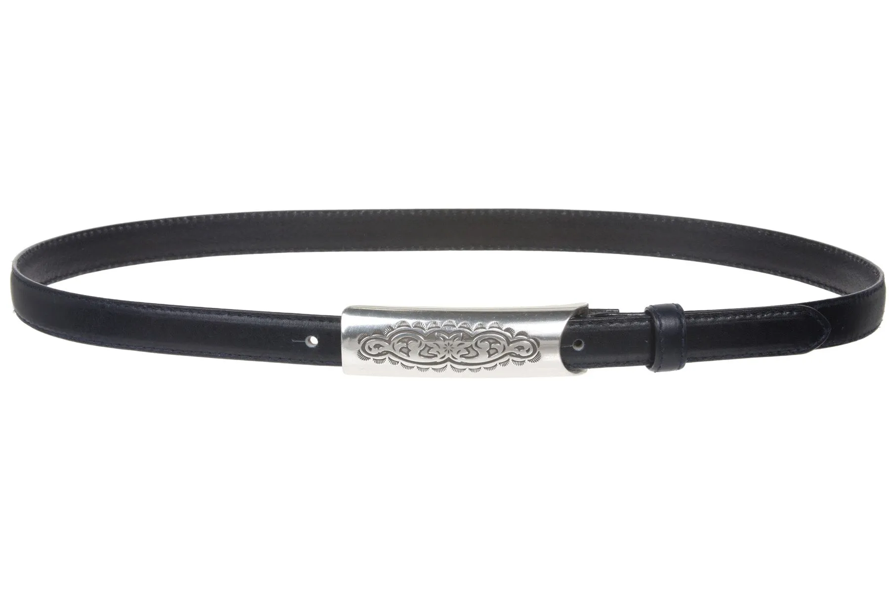 3/4 Inch (19mm) Embossed Rectangular Feather Edged Skinny Stitch Leather Belt