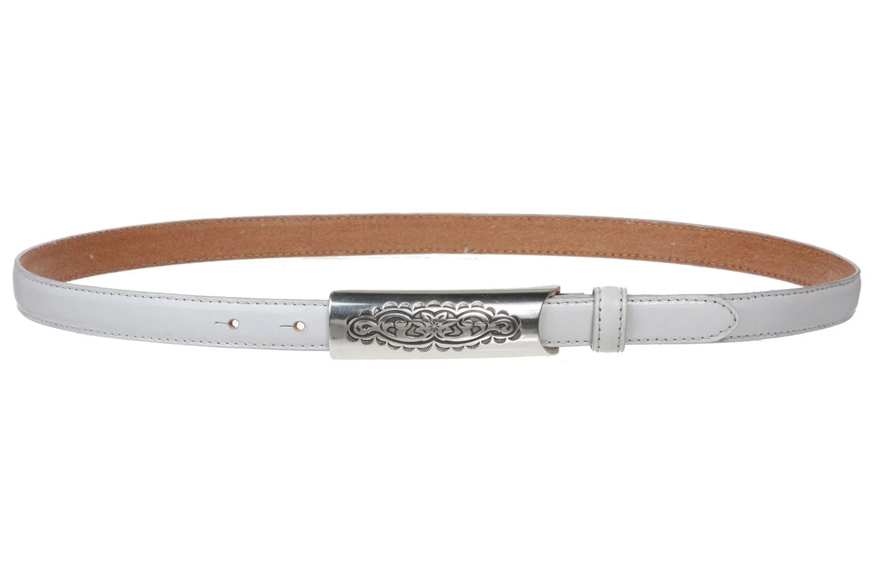 3/4 Inch (19mm) Embossed Rectangular Feather Edged Skinny Stitch Leather Belt