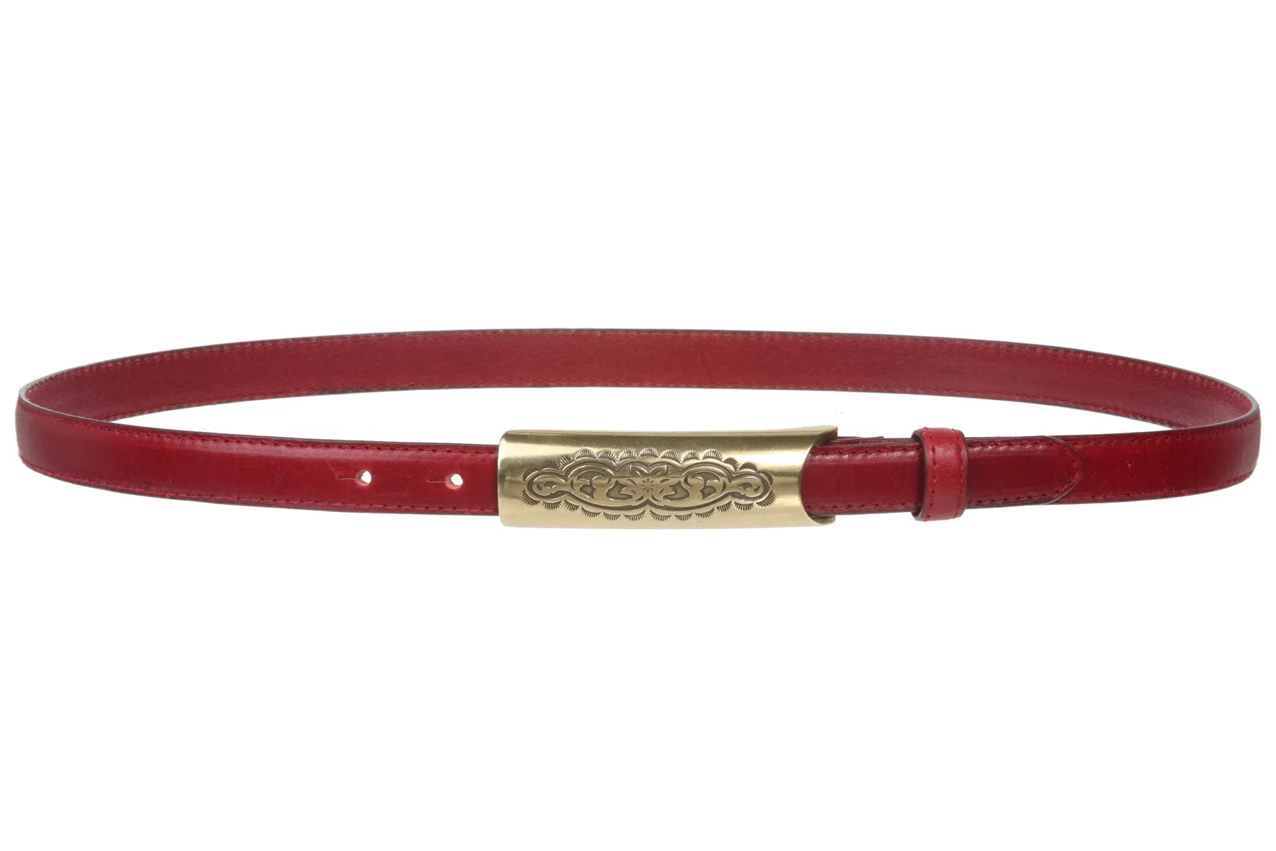 3/4 Inch (19mm) Embossed Rectangular Feather Edged Skinny Stitch Leather Belt