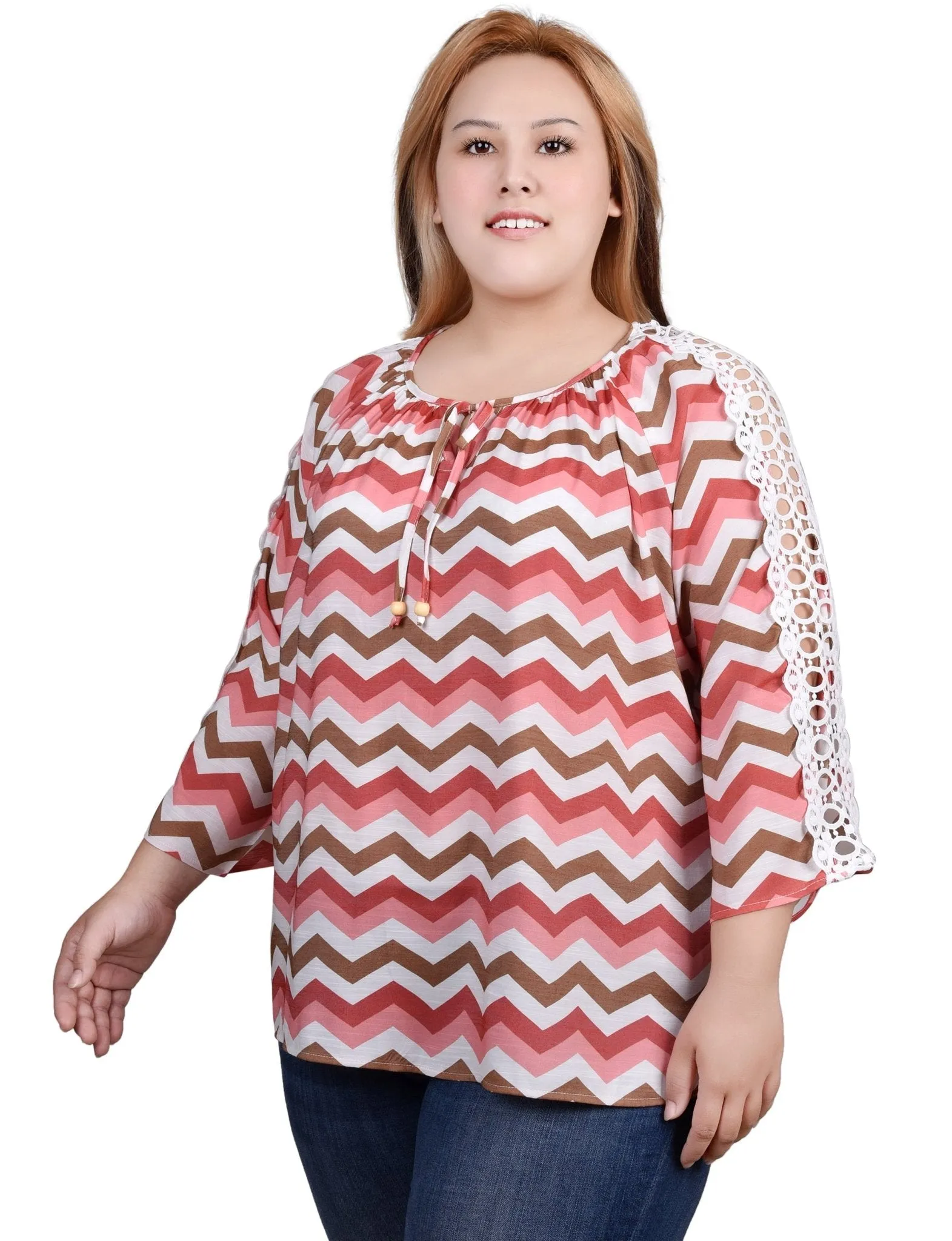 3/4 Length Sleeve Crochet Detail Blouse - Plus