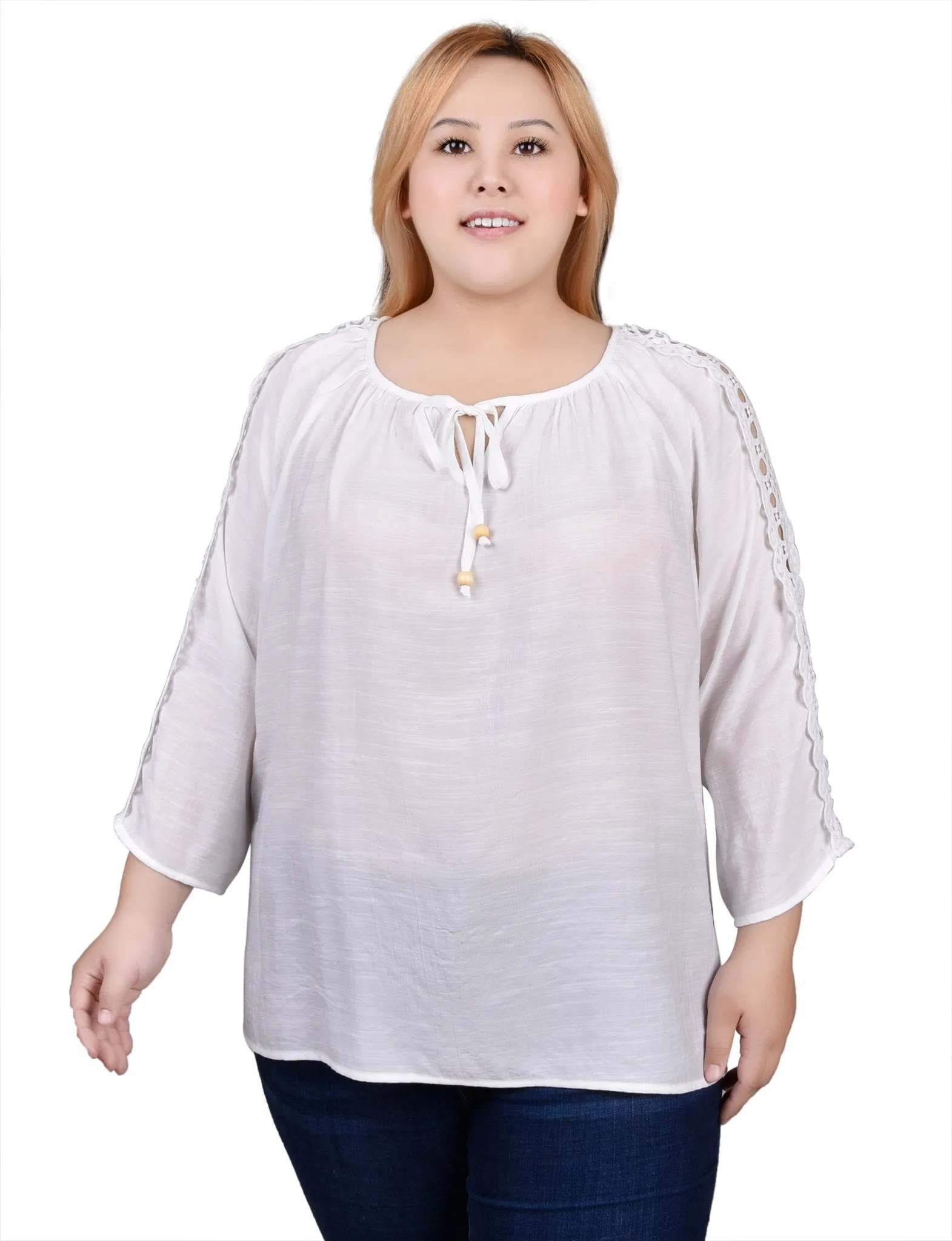 3/4 Length Sleeve Crochet Detail Blouse - Plus