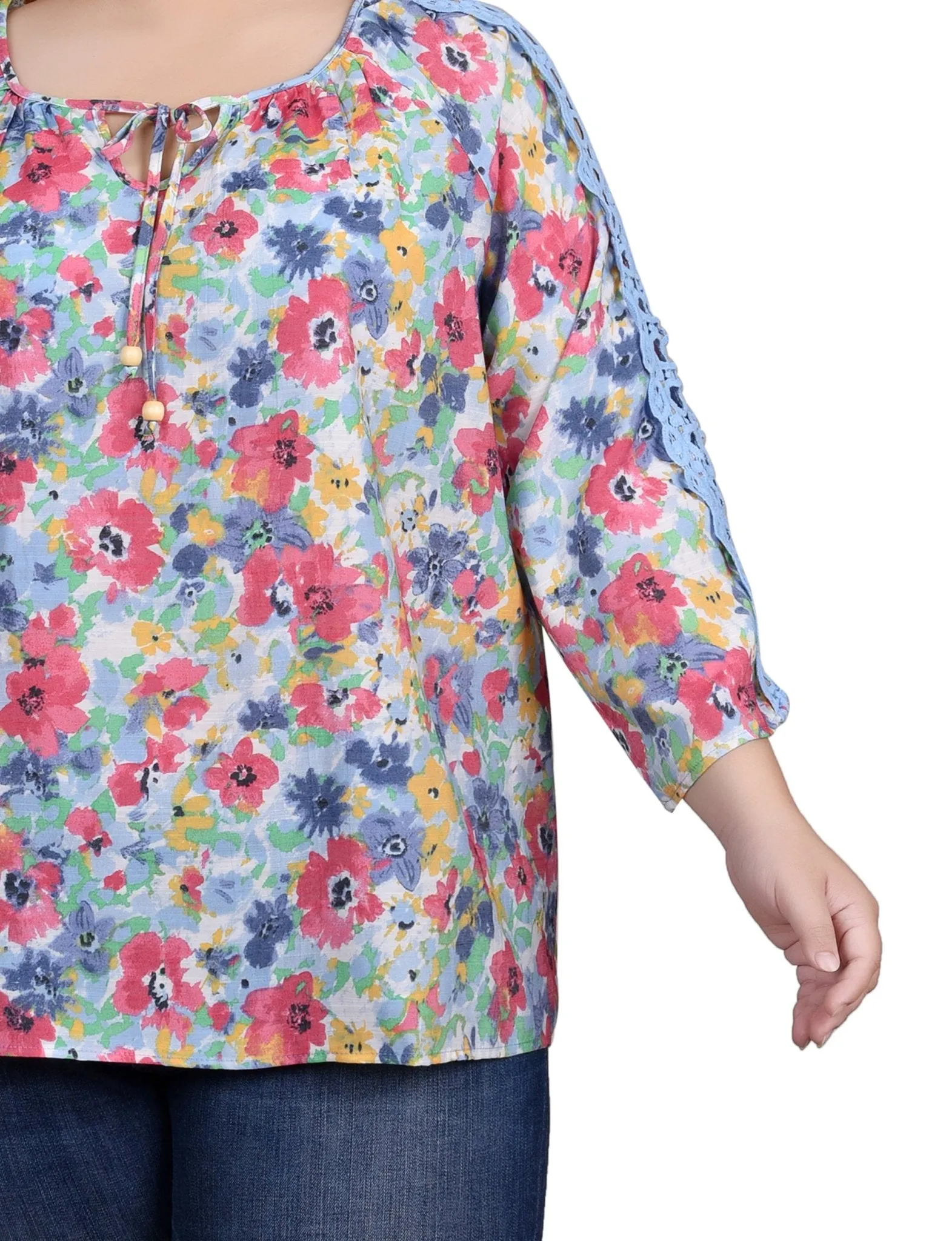 3/4 Length Sleeve Crochet Detail Blouse - Plus