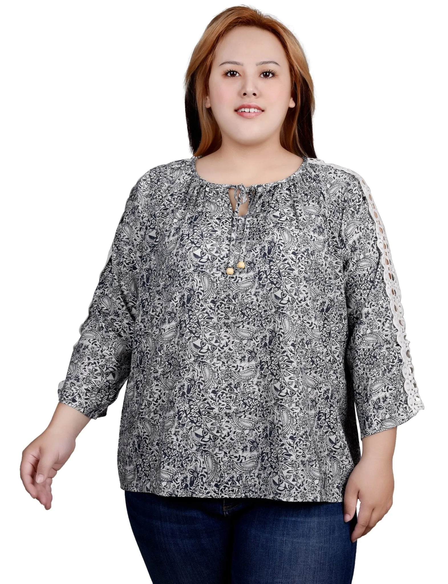 3/4 Length Sleeve Crochet Detail Blouse - Plus