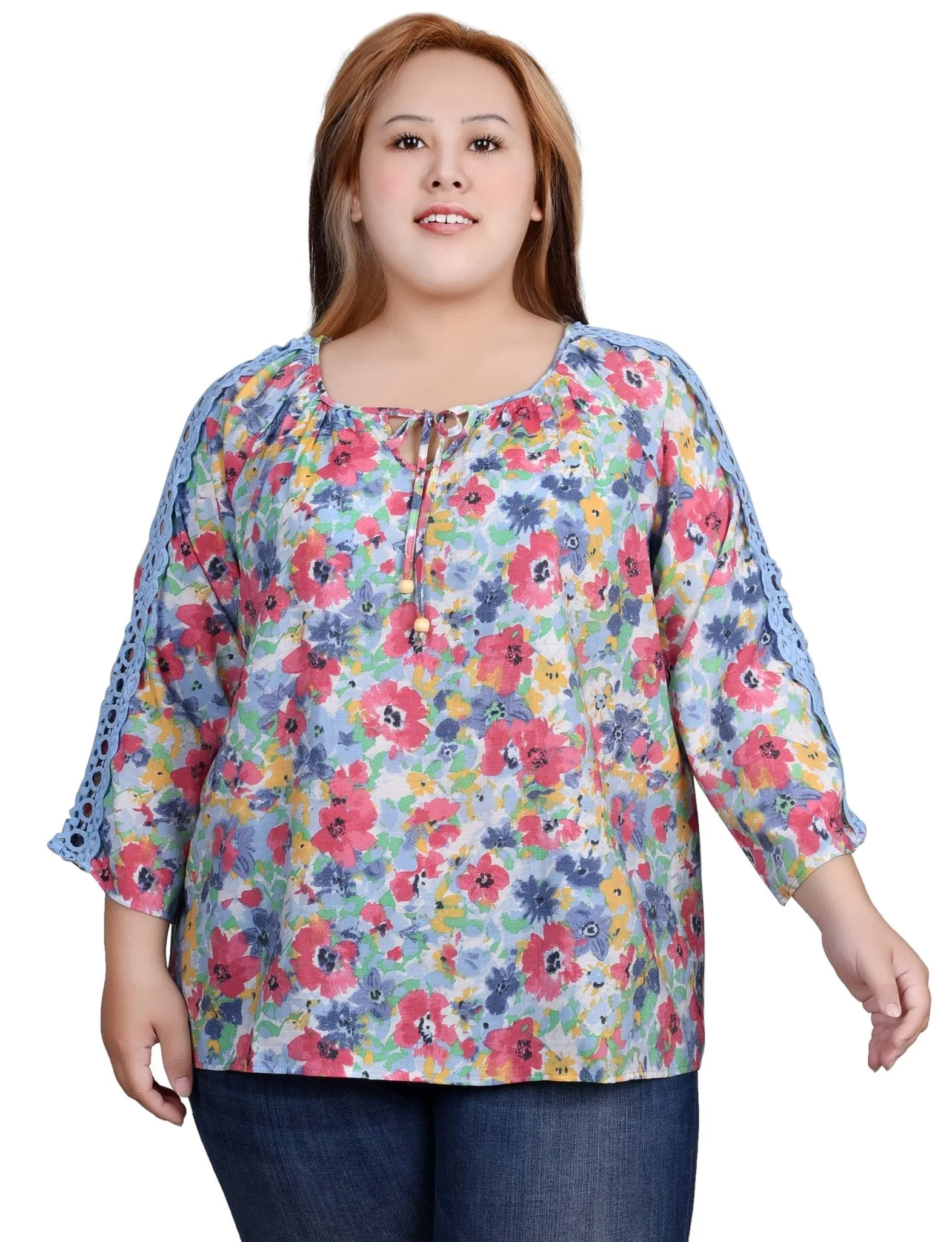 3/4 Length Sleeve Crochet Detail Blouse - Plus