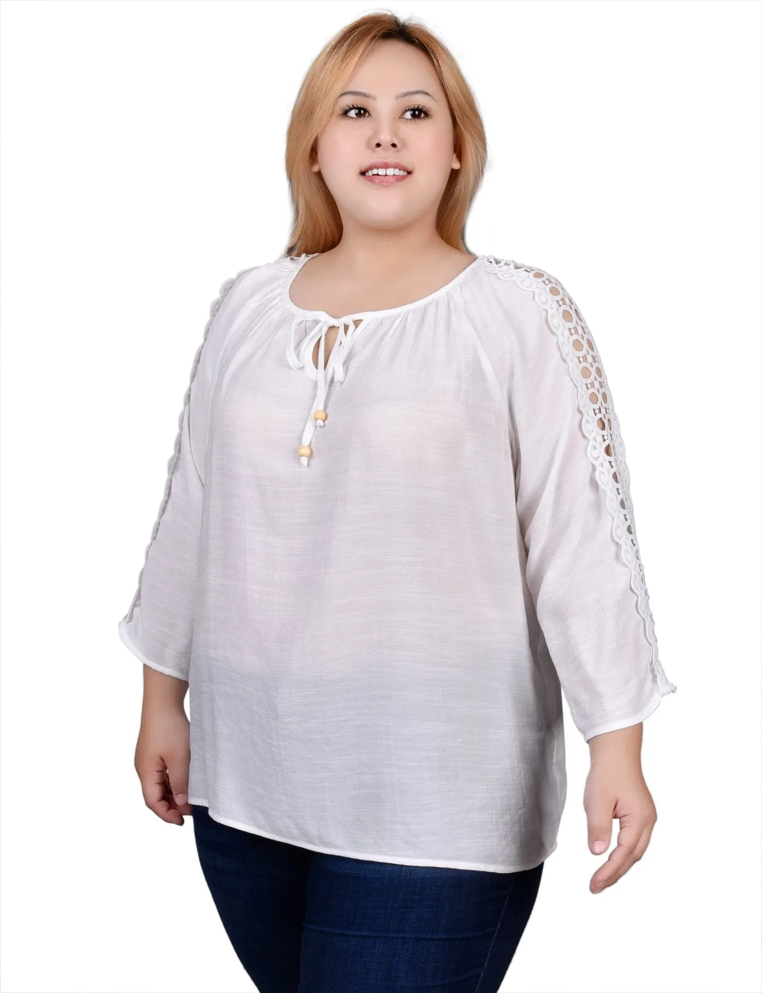 3/4 Length Sleeve Crochet Detail Blouse - Plus