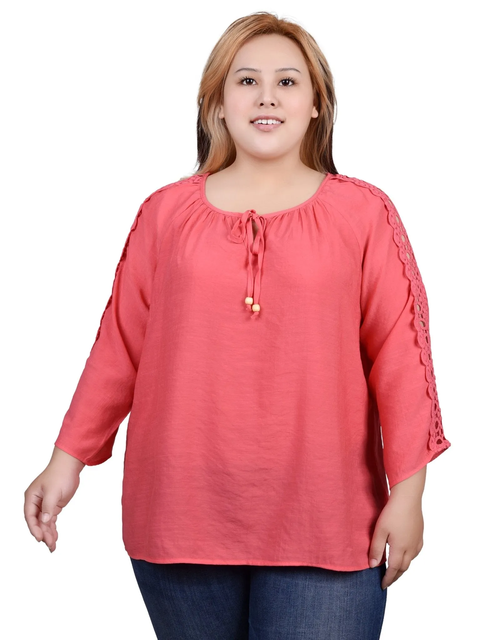 3/4 Length Sleeve Crochet Detail Blouse - Plus