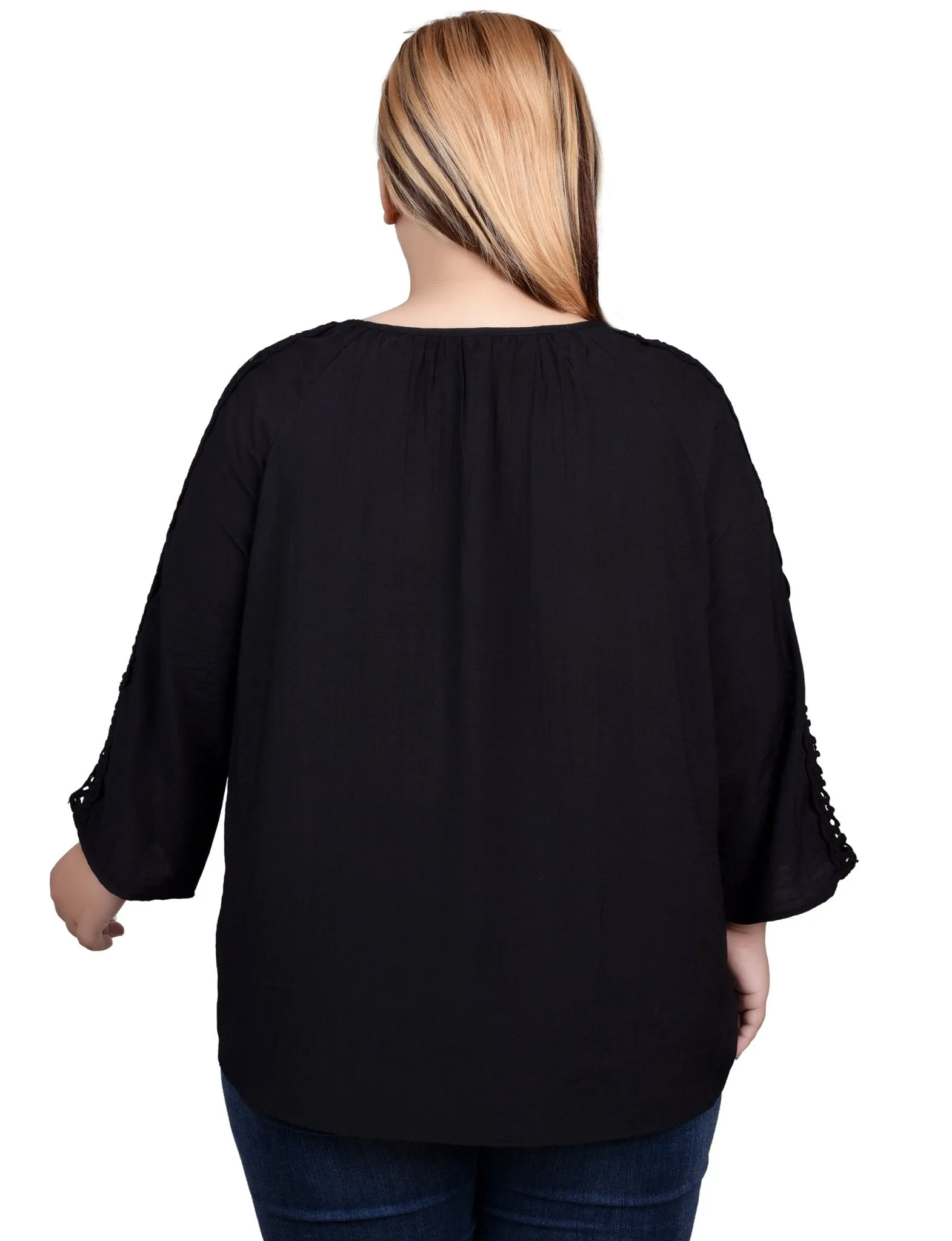 3/4 Length Sleeve Crochet Detail Blouse - Plus