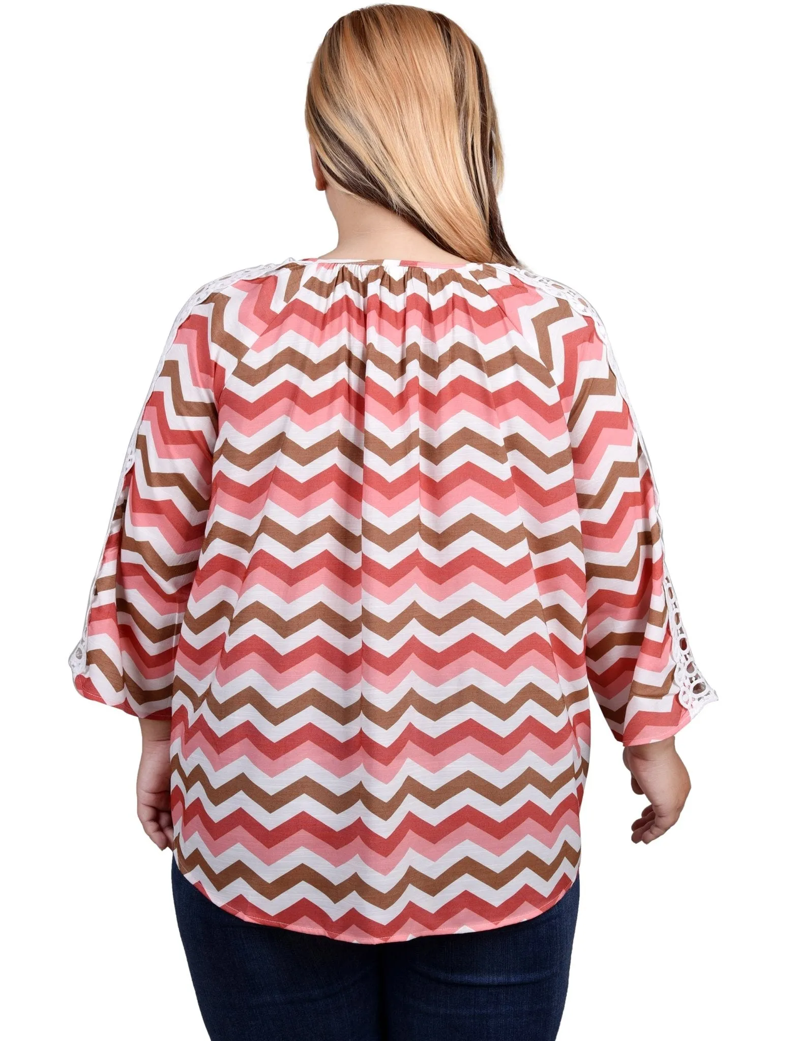3/4 Length Sleeve Crochet Detail Blouse - Plus