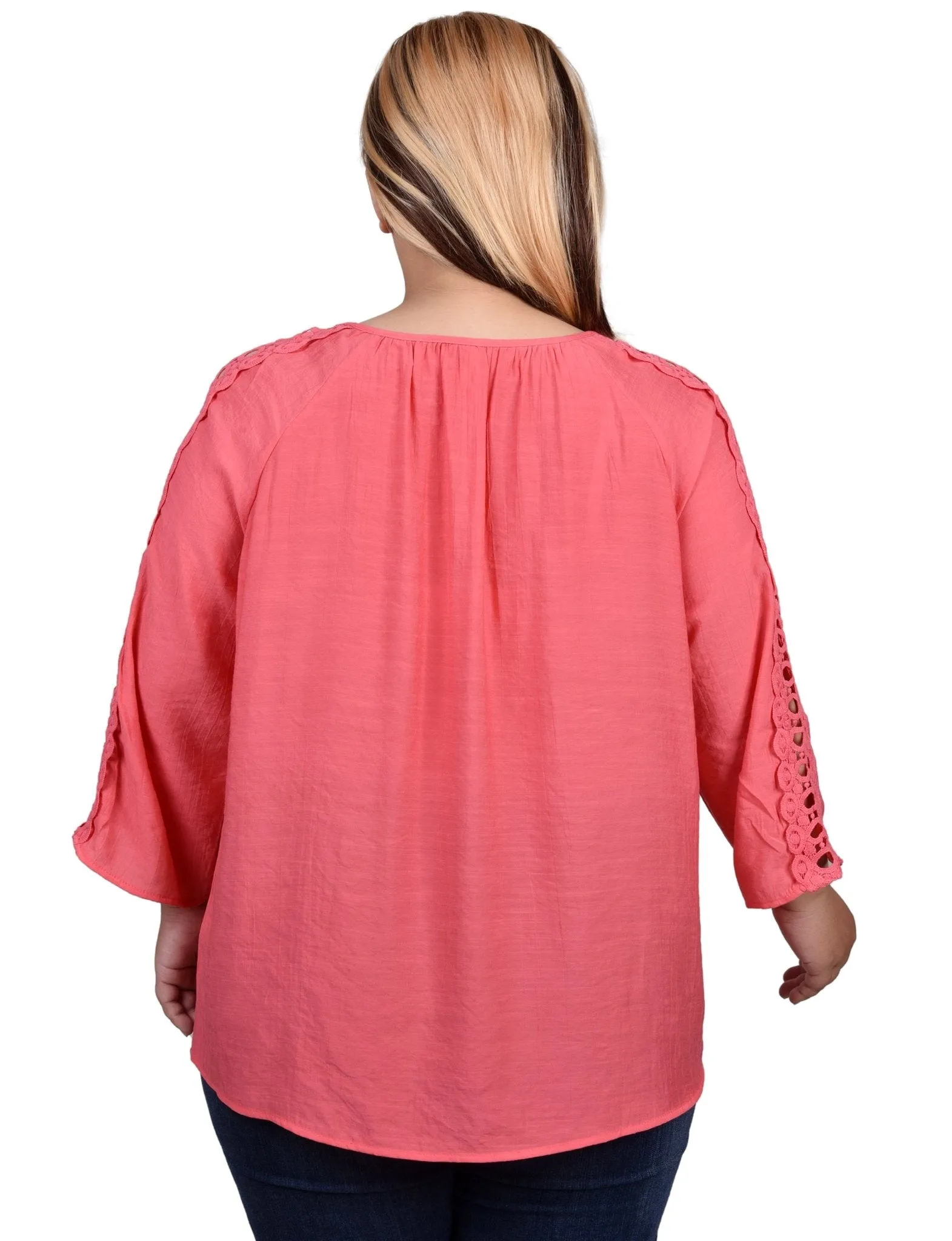 3/4 Length Sleeve Crochet Detail Blouse - Plus