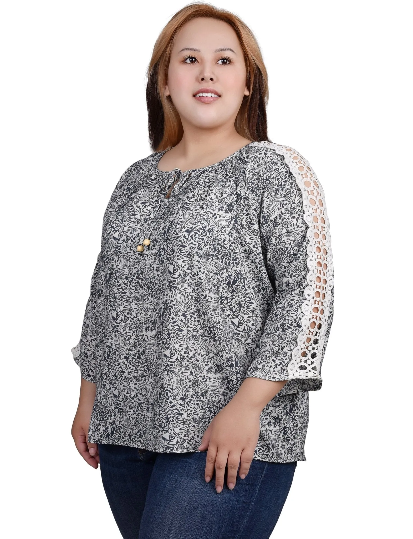 3/4 Length Sleeve Crochet Detail Blouse - Plus