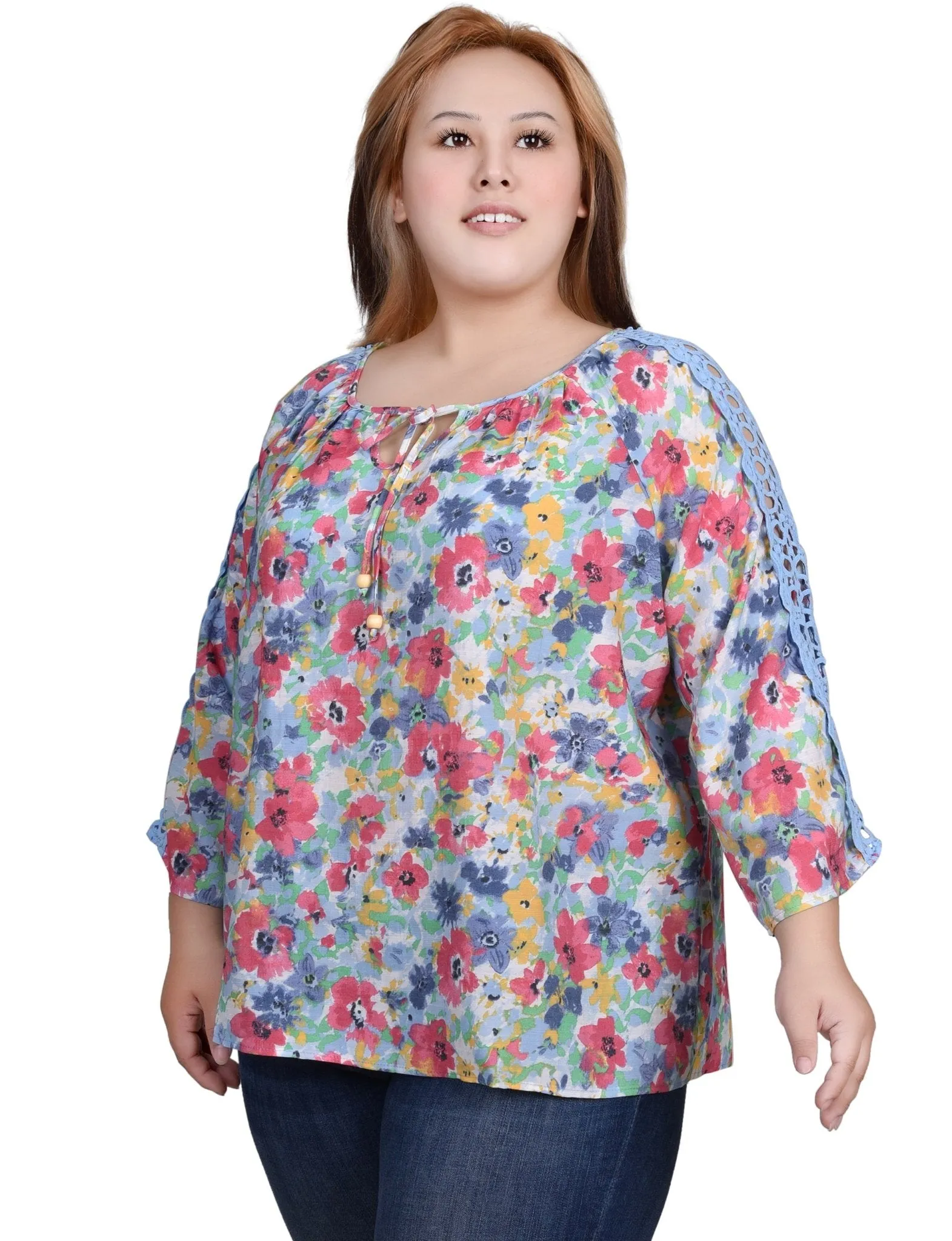 3/4 Length Sleeve Crochet Detail Blouse - Plus