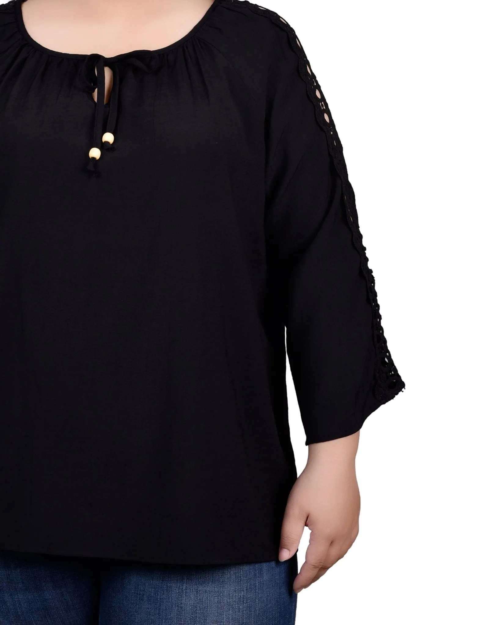 3/4 Length Sleeve Crochet Detail Blouse - Plus