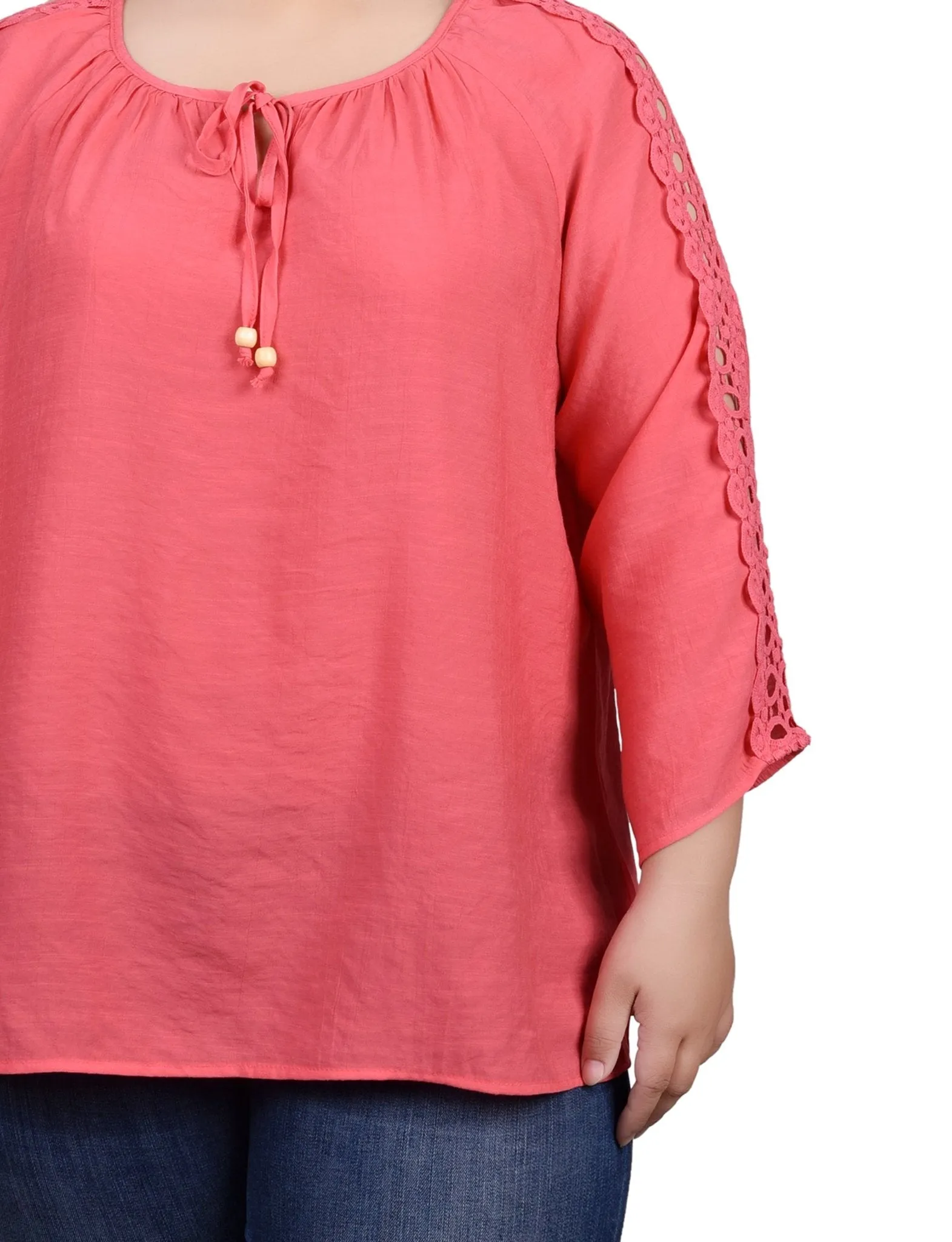 3/4 Length Sleeve Crochet Detail Blouse - Plus