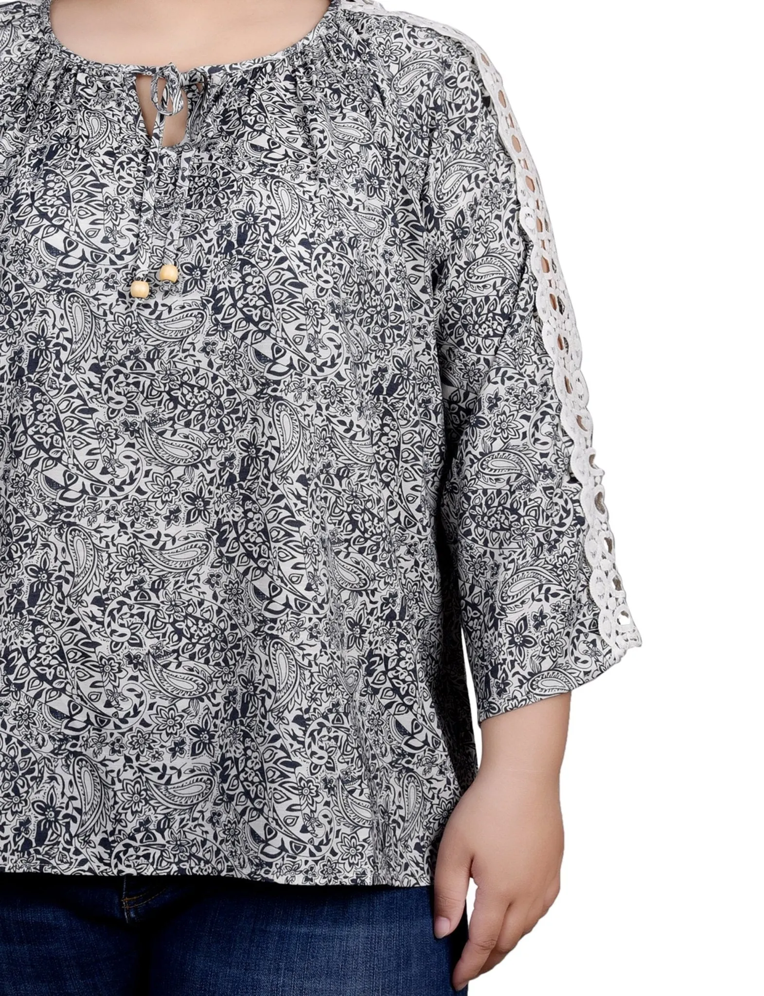 3/4 Length Sleeve Crochet Detail Blouse - Plus