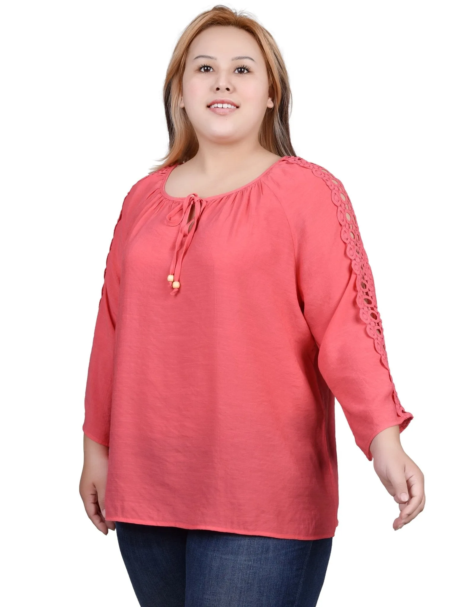 3/4 Length Sleeve Crochet Detail Blouse - Plus