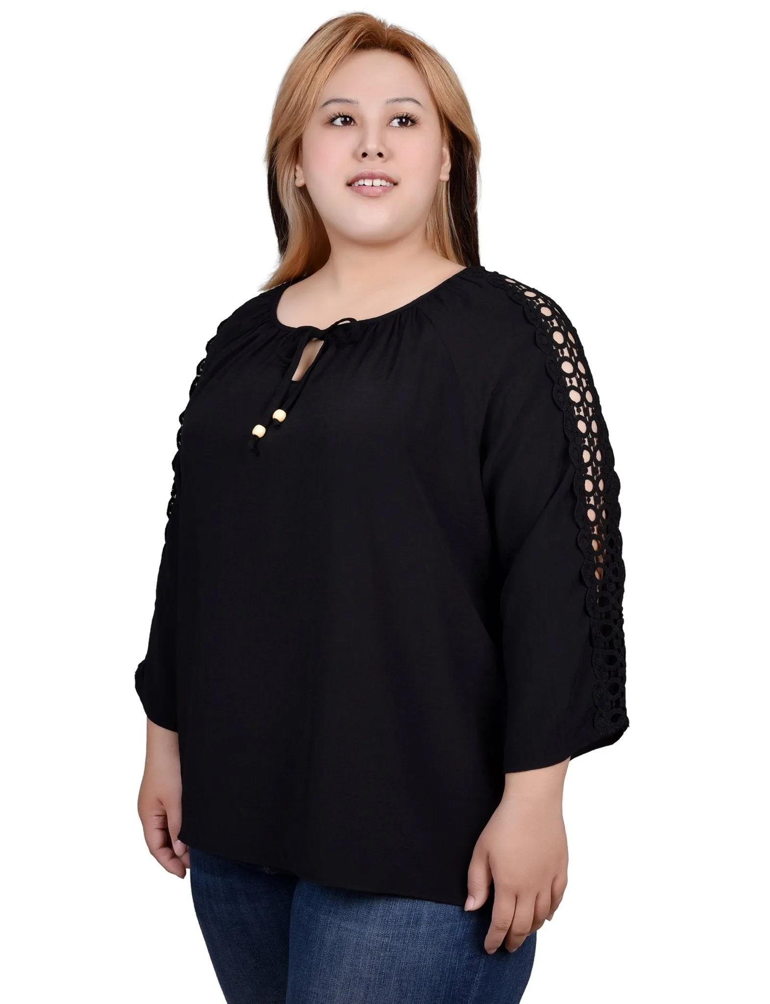 3/4 Length Sleeve Crochet Detail Blouse - Plus