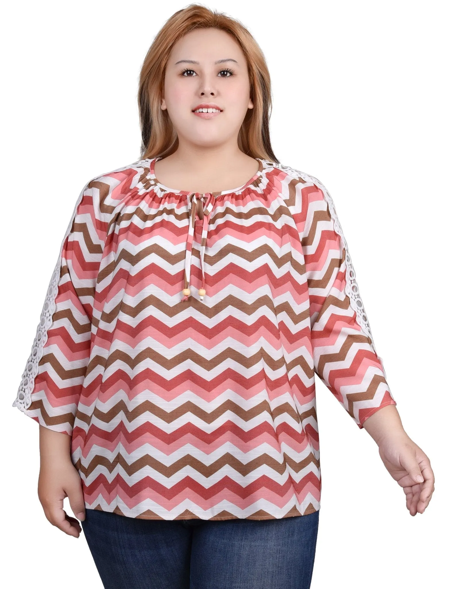 3/4 Length Sleeve Crochet Detail Blouse - Plus