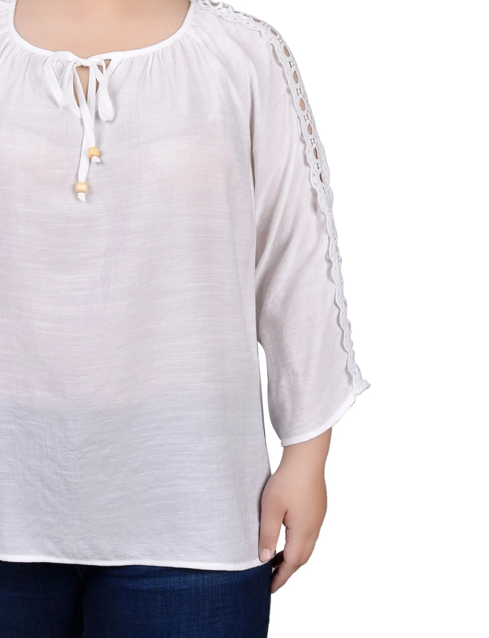 3/4 Length Sleeve Crochet Detail Blouse - Plus