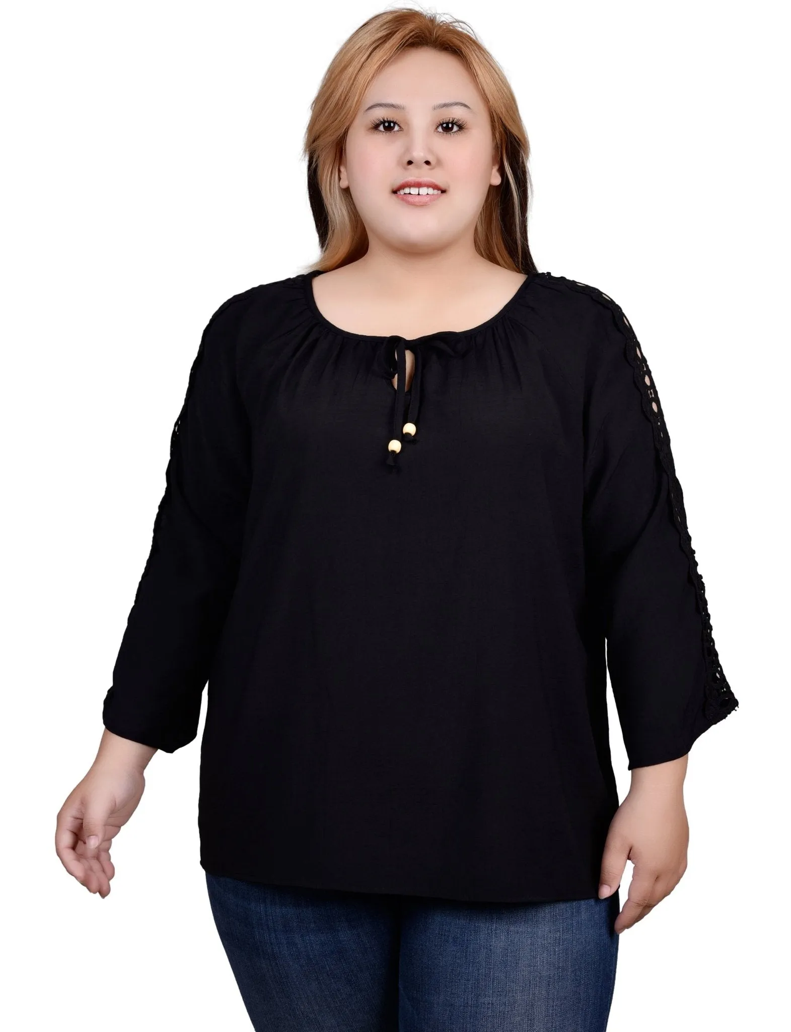 3/4 Length Sleeve Crochet Detail Blouse - Plus