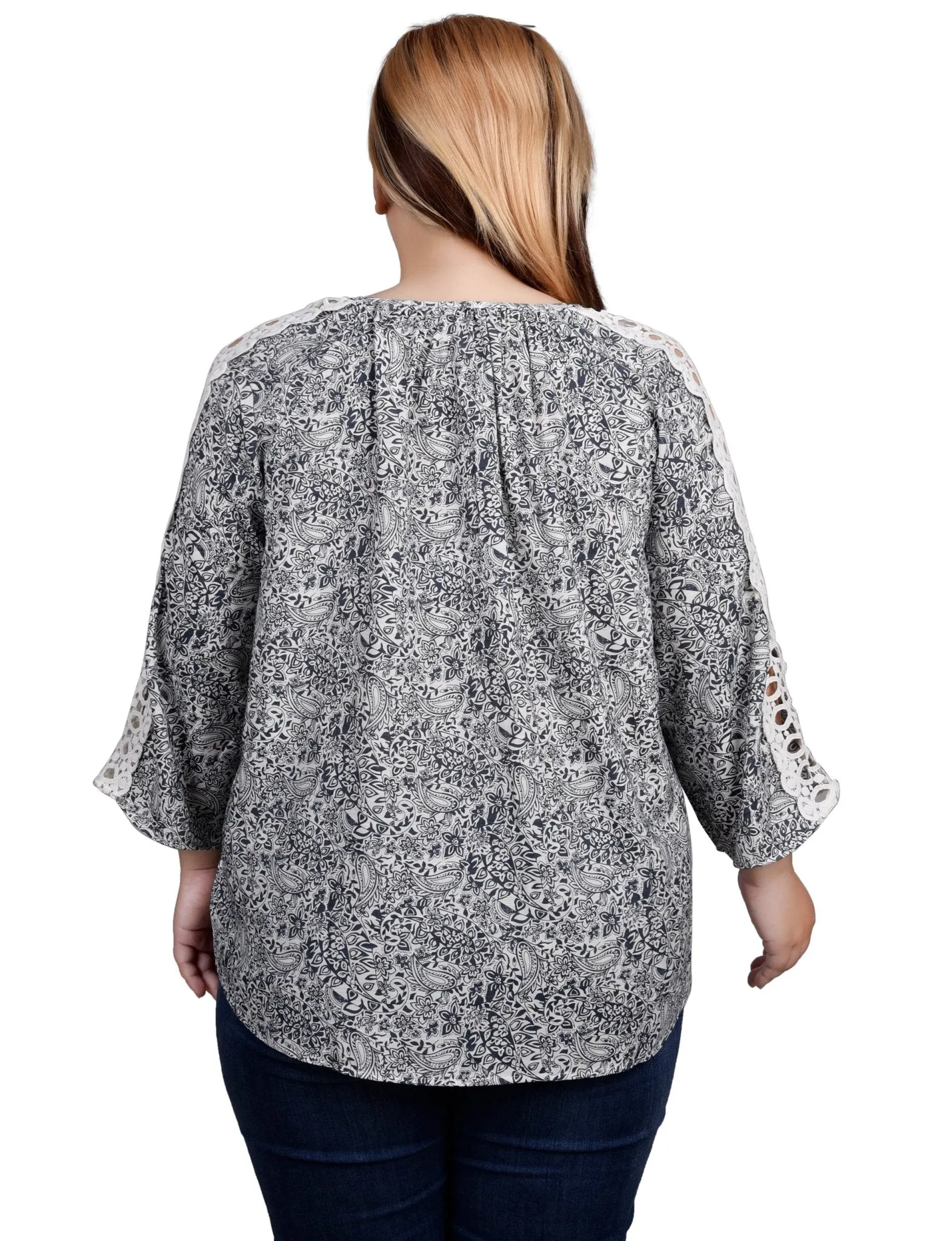 3/4 Length Sleeve Crochet Detail Blouse - Plus