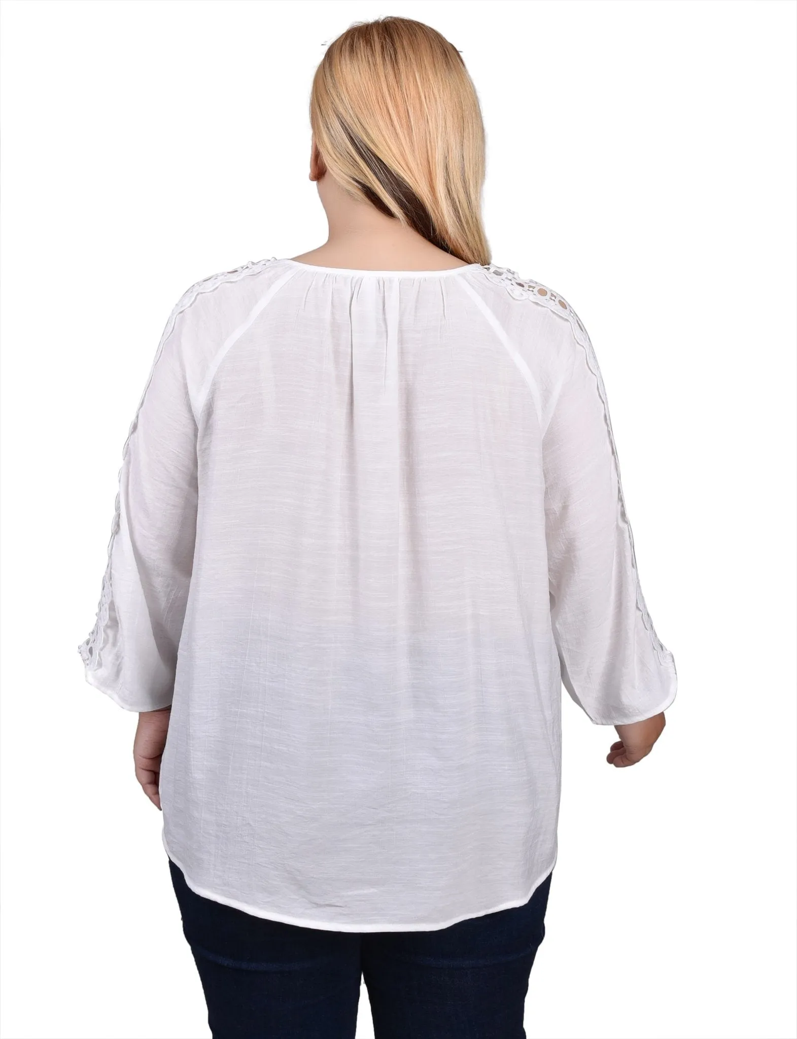 3/4 Length Sleeve Crochet Detail Blouse - Plus