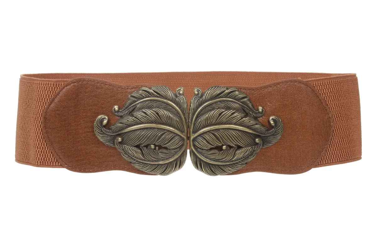 3" Wide High Waist Fashion Stretch Belt With Feather Shaped Buckle