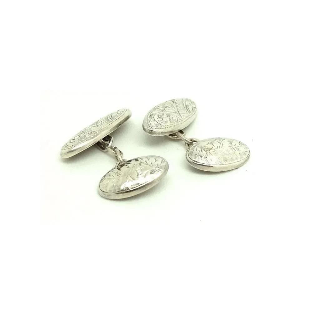 Antique Victorian 1899 Silver Engraved Chain Cufflinks