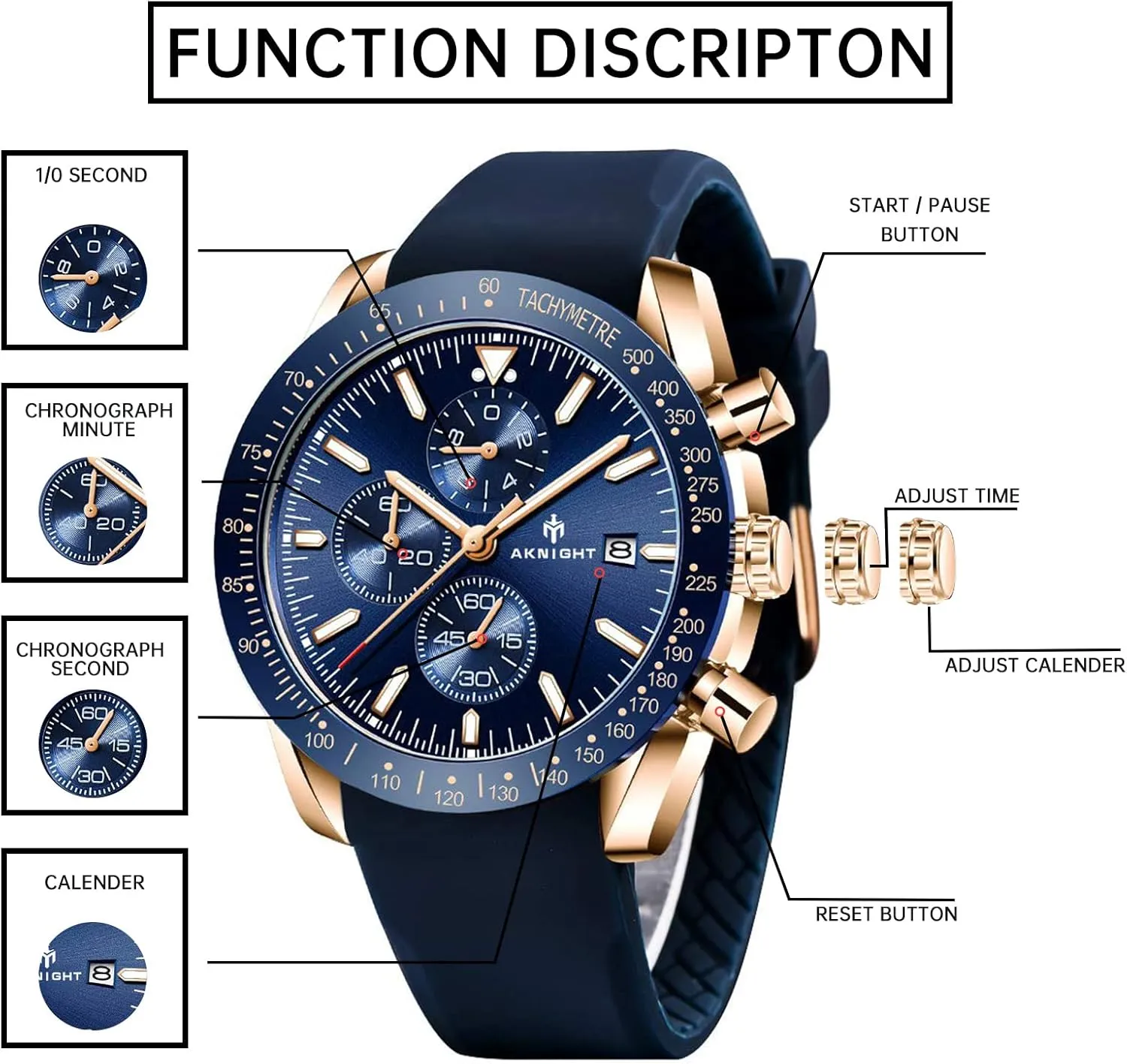 BENYAR AKNIGHT Mens Watches 45mm Big Face Waterproof Analog Quartz Chronograph Business Work Sport Casual Fashion Designer Dress Men's Wrist Watches with Calendar, Luminous Hand Watch for Men