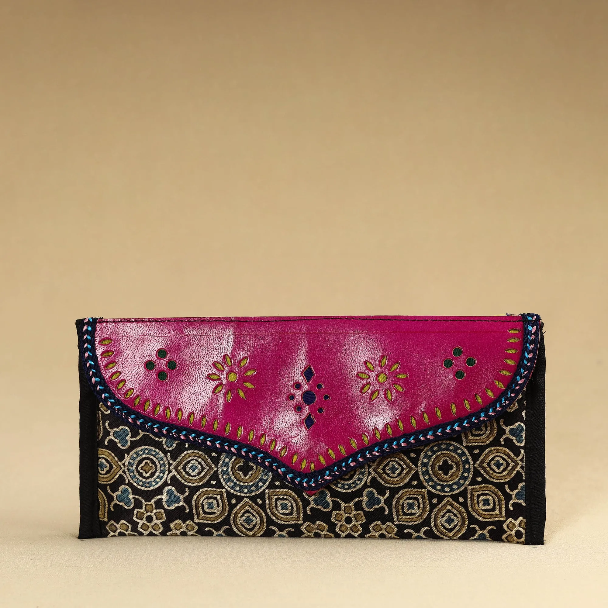 Black - Kutch Embroidery Mashru Silk Handmade Leather Wallet 05