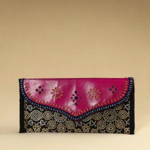 Black - Kutch Embroidery Mashru Silk Handmade Leather Wallet 05