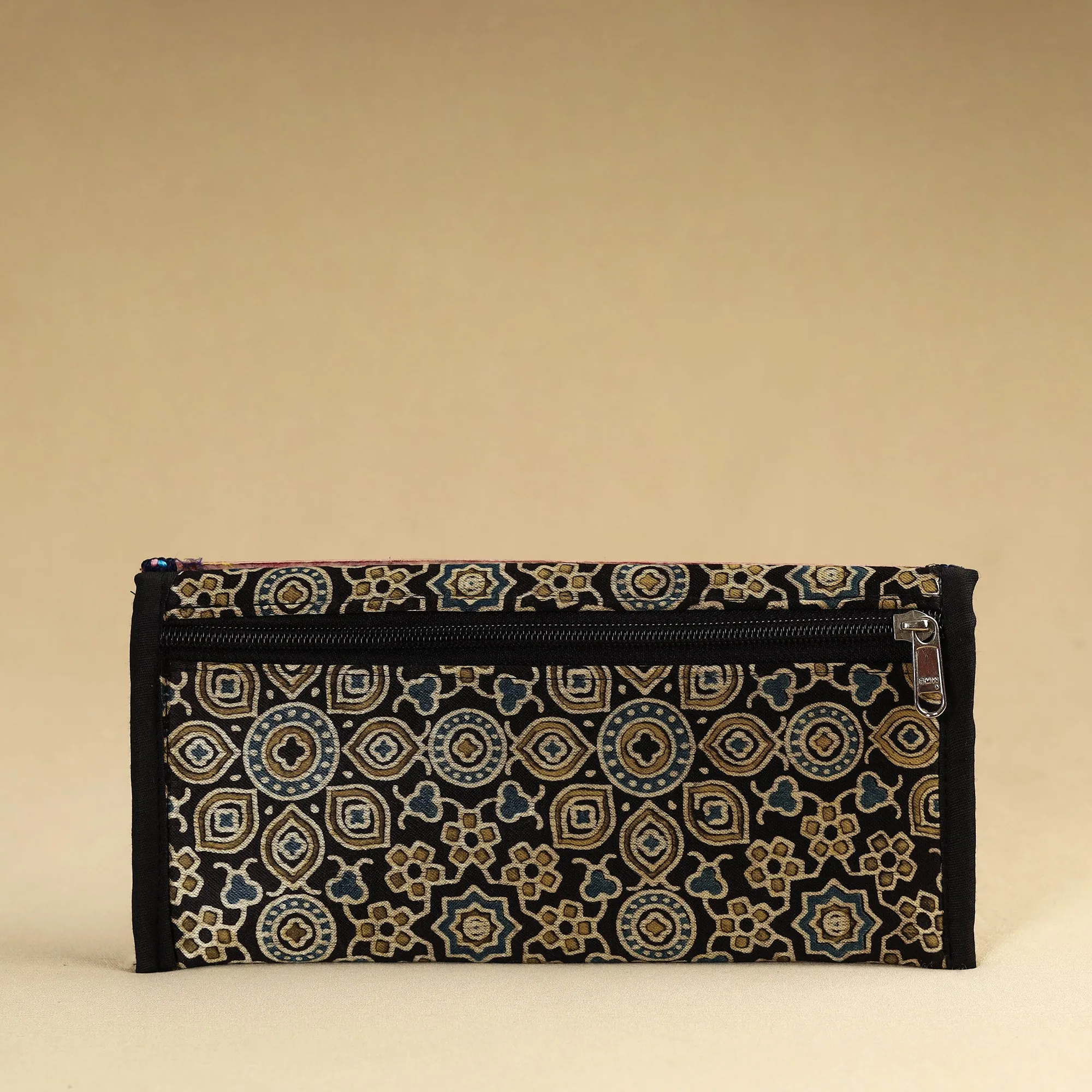 Black - Kutch Embroidery Mashru Silk Handmade Leather Wallet 05