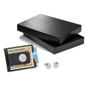 Black Leather Wallet and Classic Round Cufflinks Personalized Gift Set
