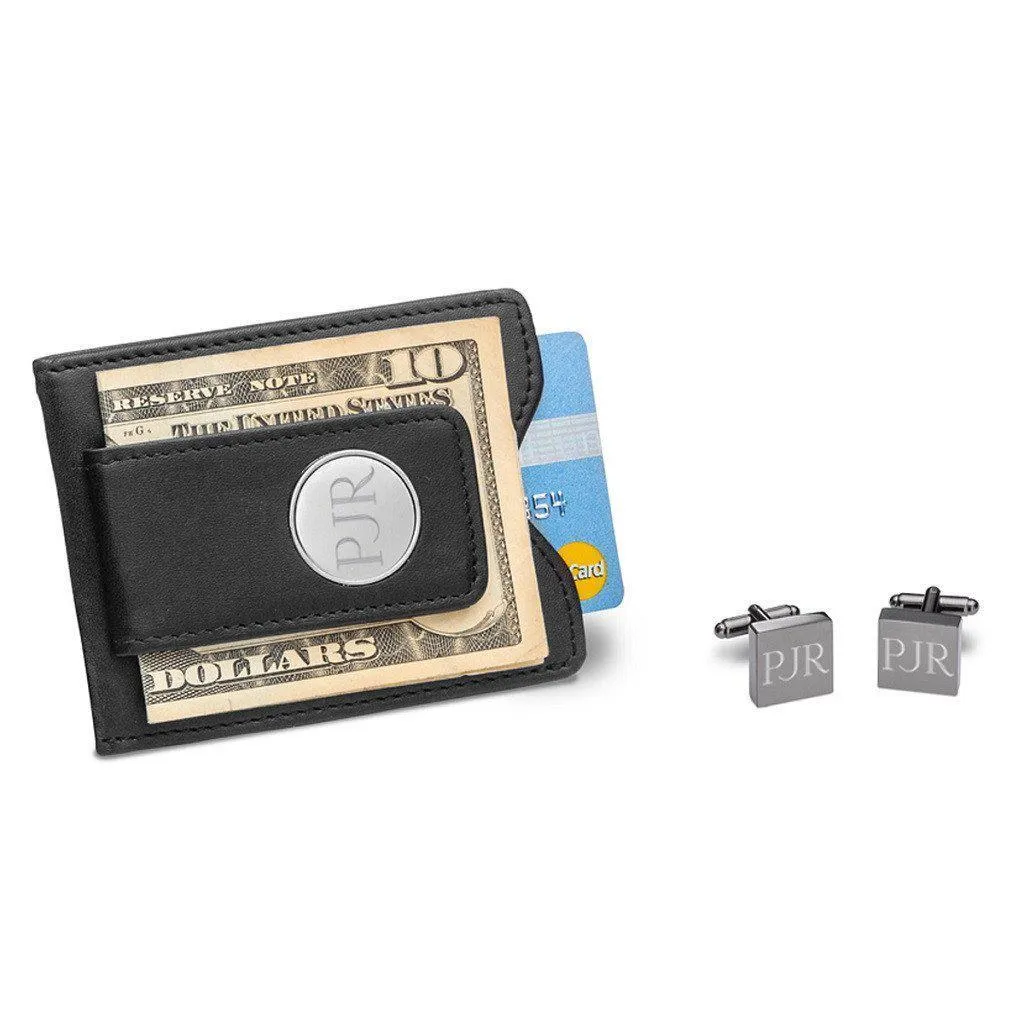 Black Leather Wallet and Gunmetal Square Cufflinks Personalized Set