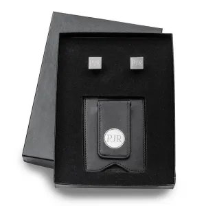 Black Leather Wallet and Gunmetal Square Cufflinks Personalized Set