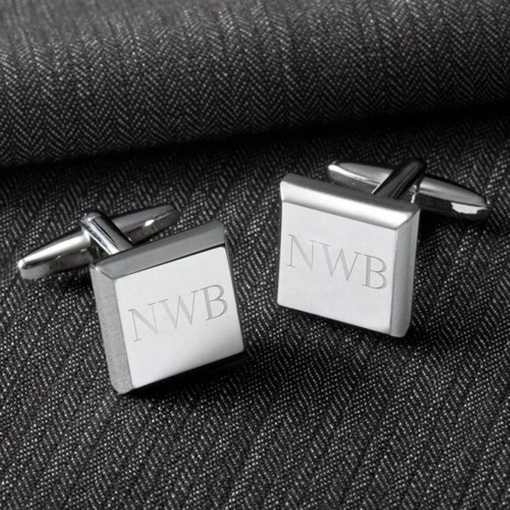 Black Leather Wallet and Modern Square Cufflinks Personalized Gift Set