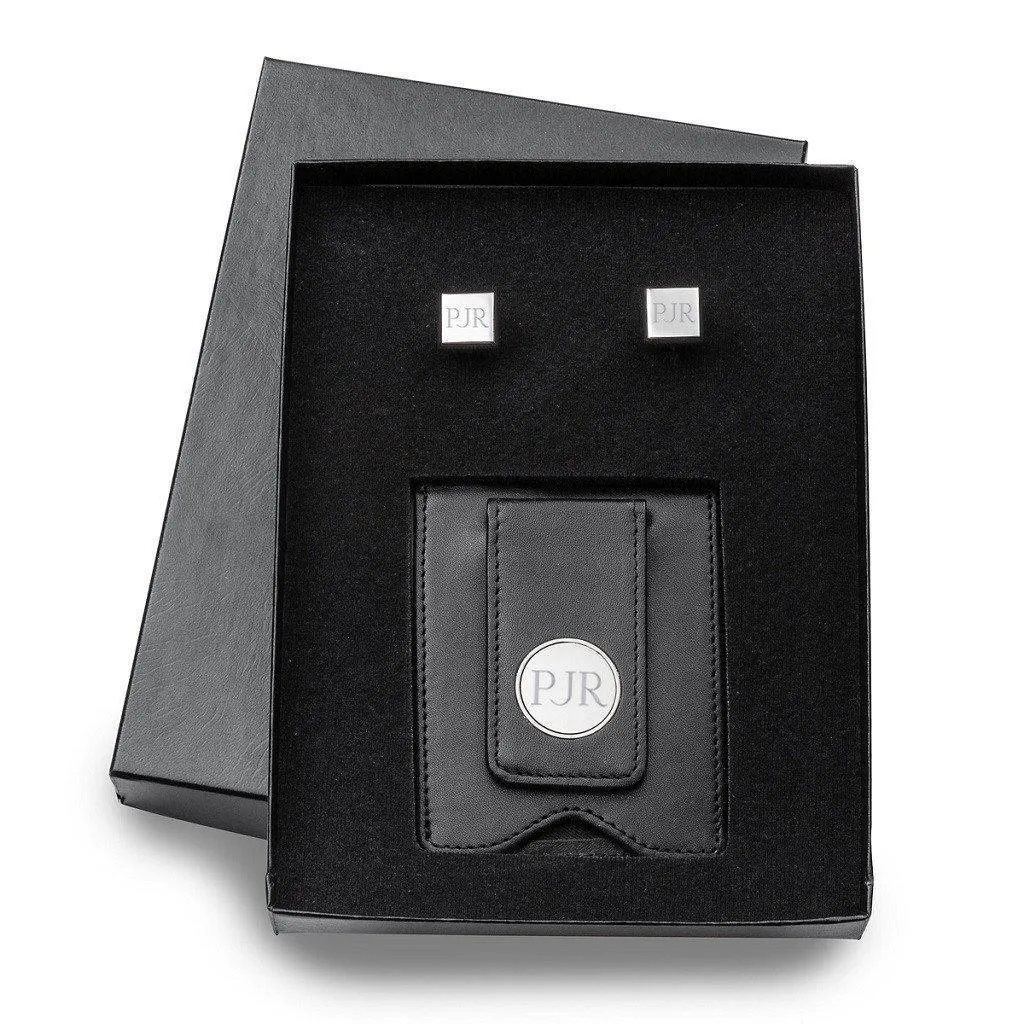 Black Leather Wallet and Modern Square Cufflinks Personalized Gift Set